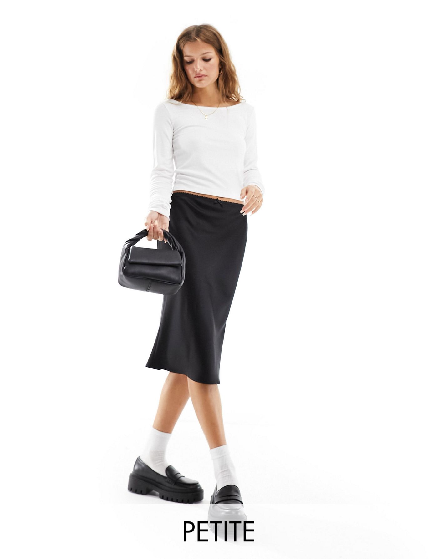 Miss selfridge Petite awkward length midi bias skirt in black 