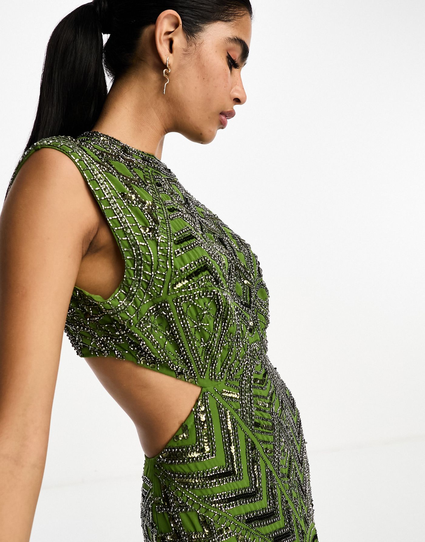 ASOS DESIGN embellished high neck cut out waist maxi dress in green