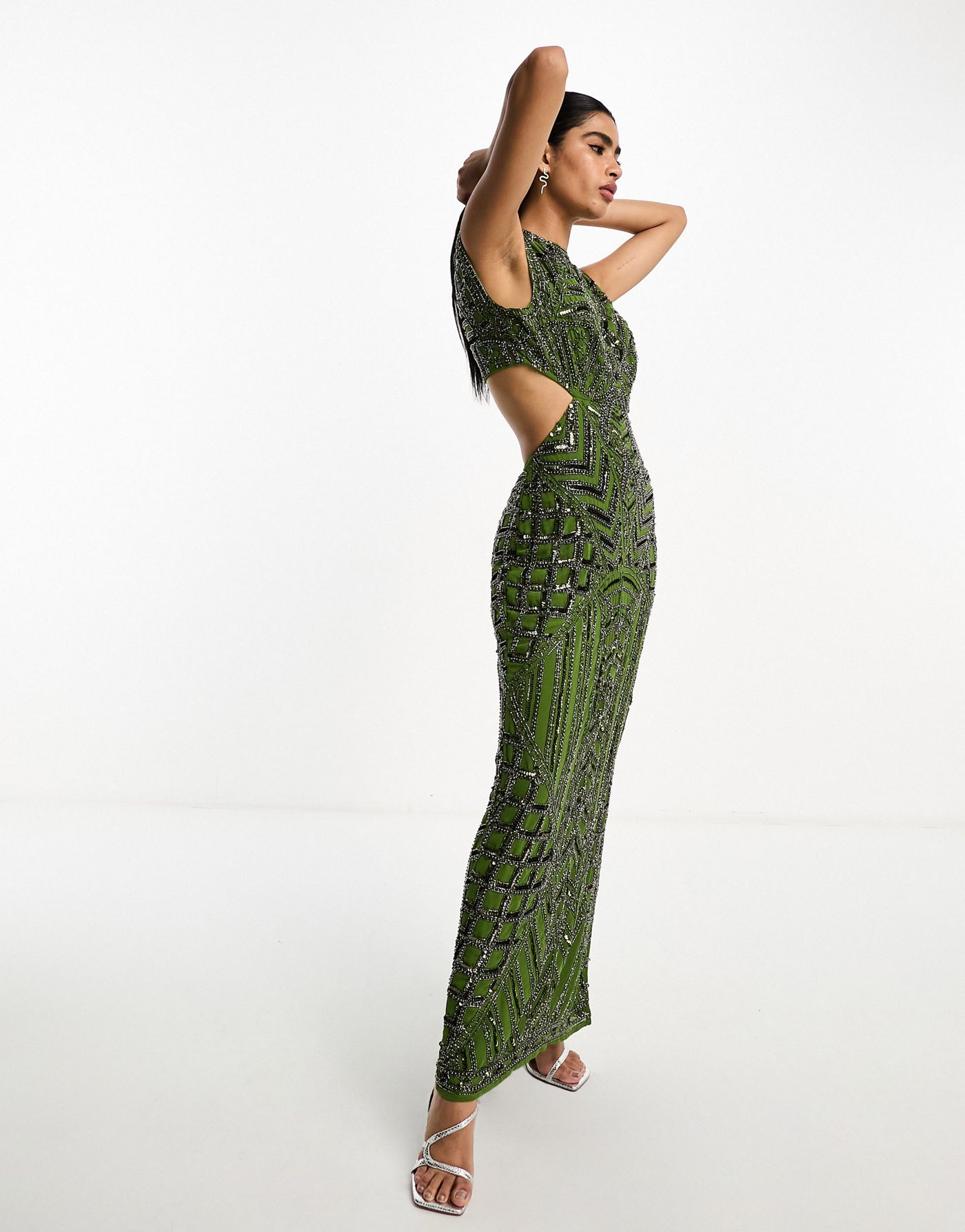 ASOS DESIGN embellished high neck cut out waist maxi dress in green