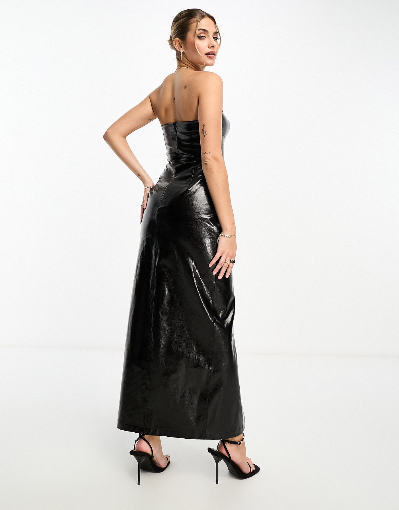 Miss Selfridge vinyl faux leather bandeau maxi dress in black
