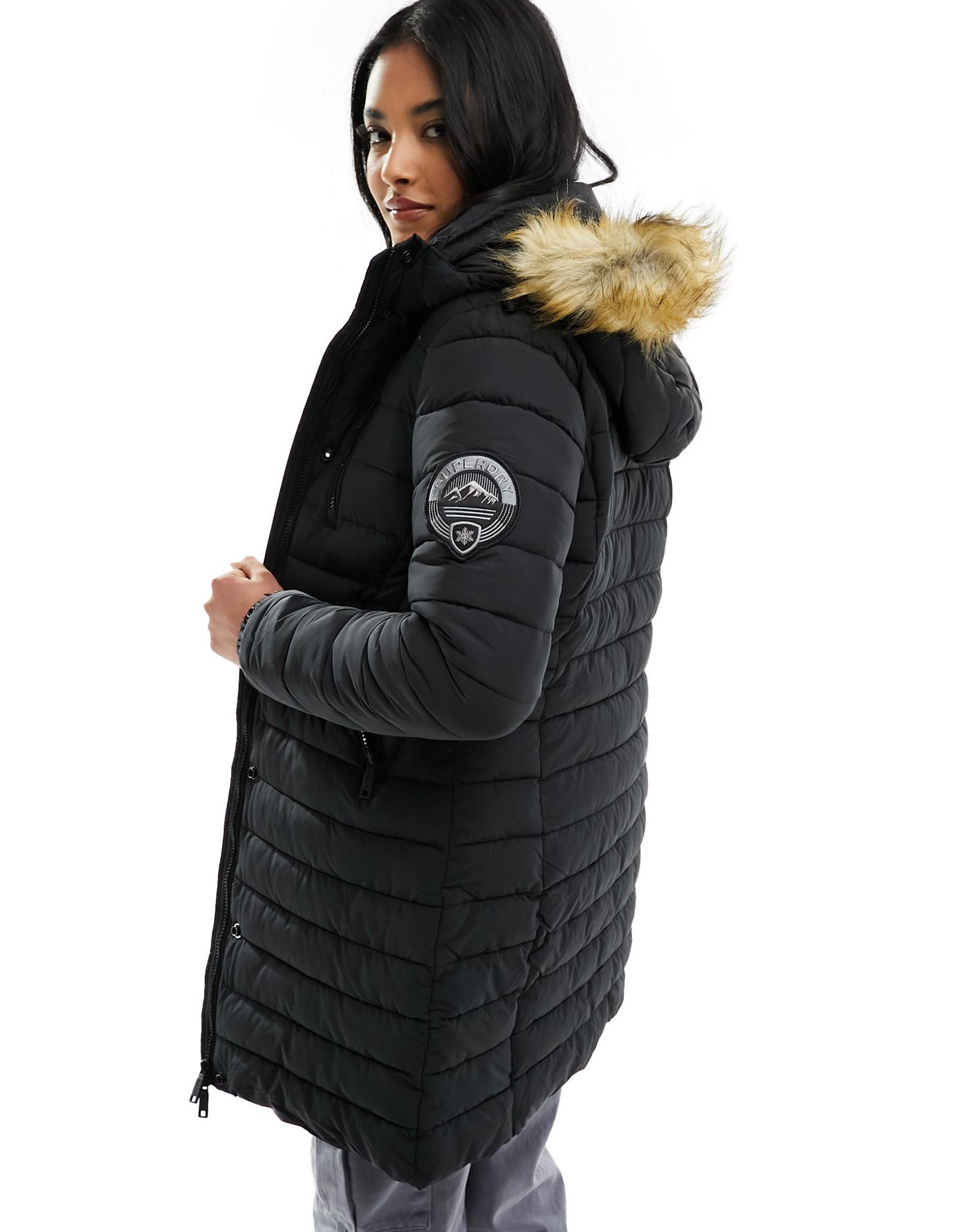 Superdry fuji hooded mid length puffer jacket in Black