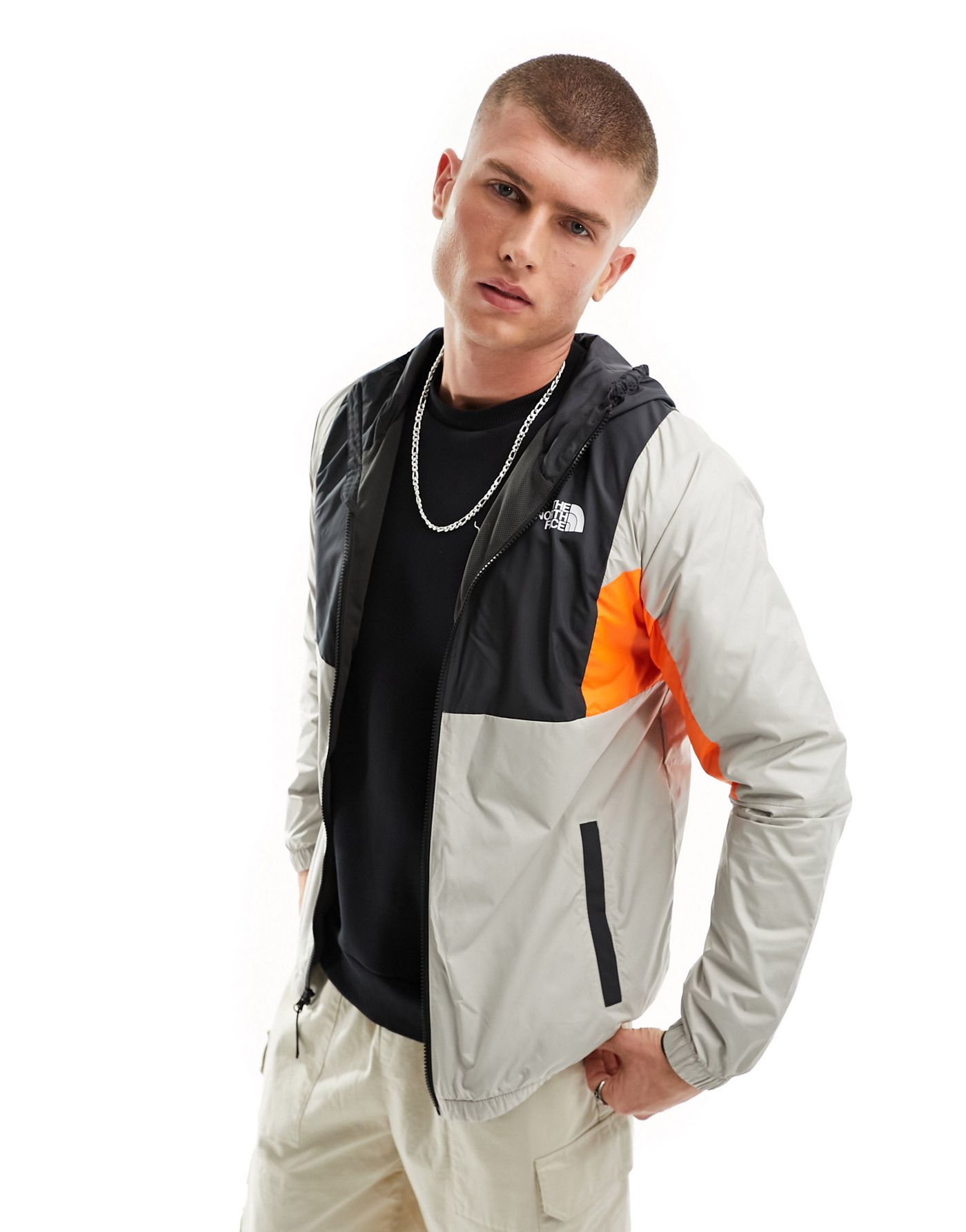 The North Face Training Mountain Athletic zip up hooded wind jacket in grey and orange