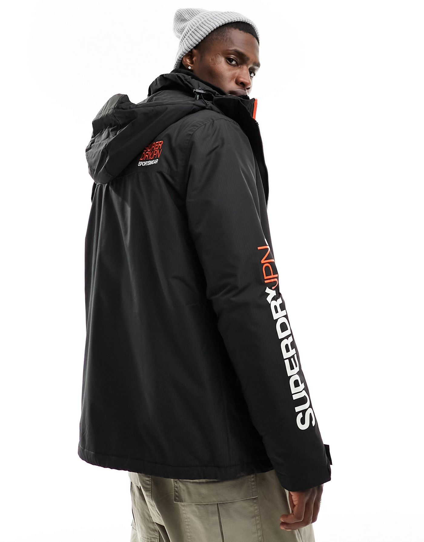 Superdry Hooded yachter windbreaker jacket in black/bold orange