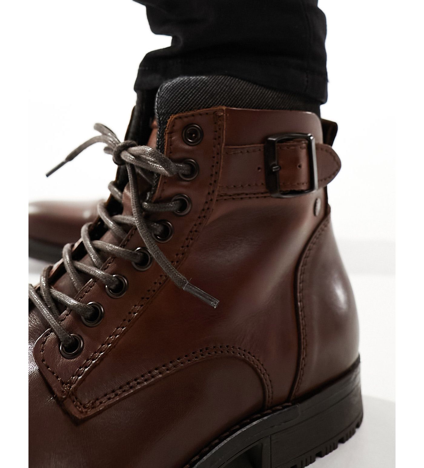 Jack & Jones leather lace up boot with buckle in brown