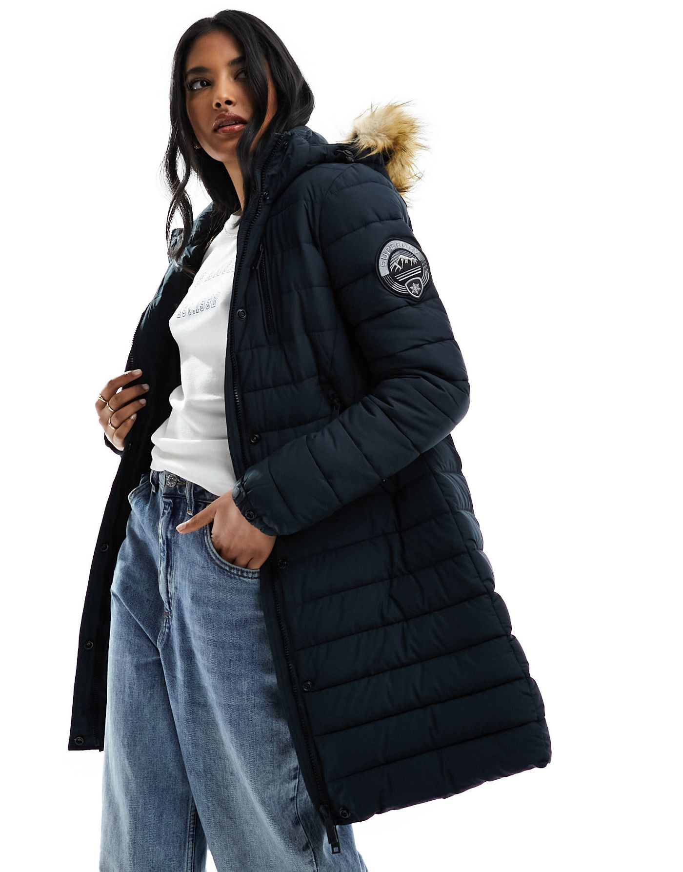Superdry Fuji hooded mid length puffer coat in nordic chrome navy
