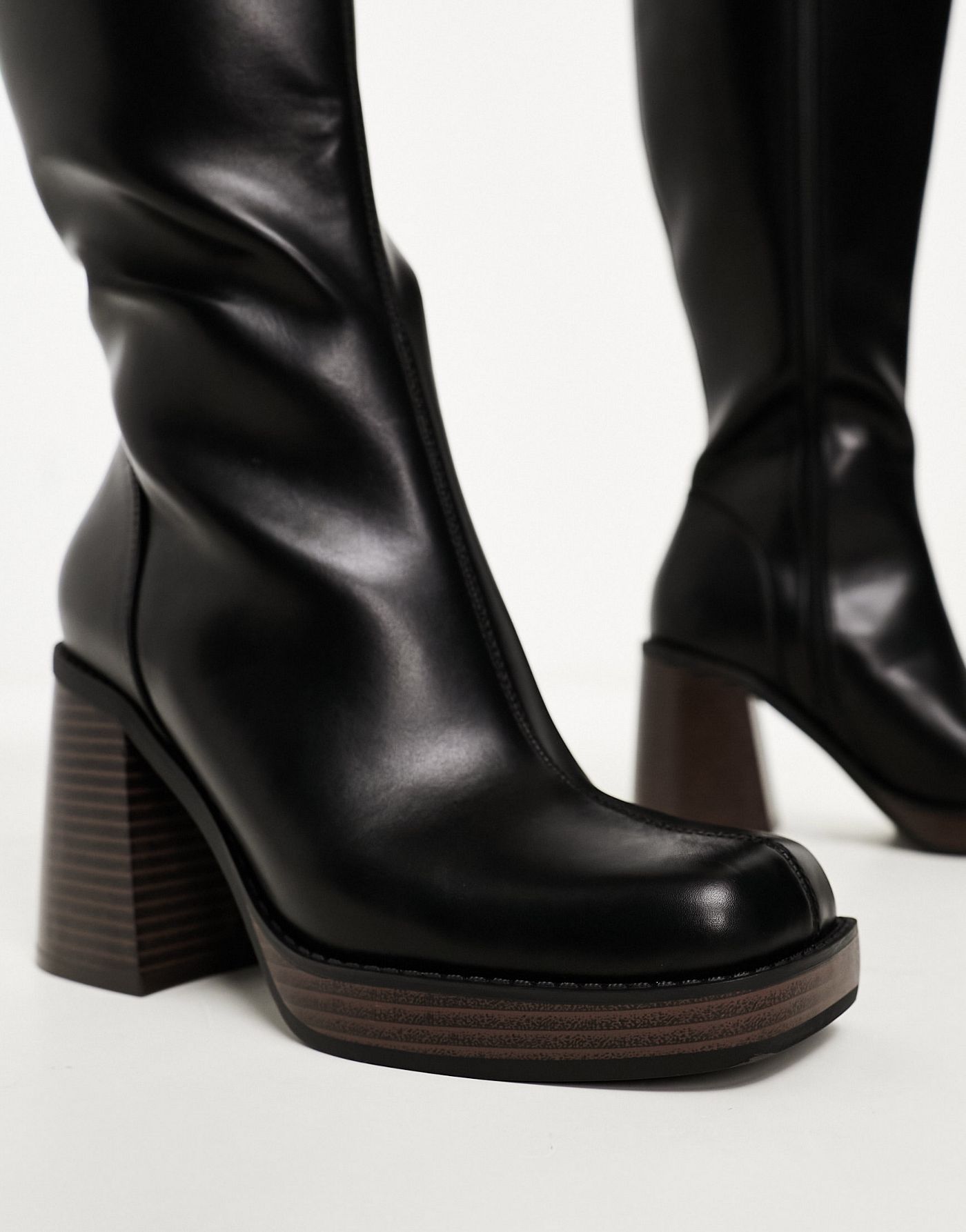 ASOS DESIGN Wide Fit Caesar stack heel knee boots in black