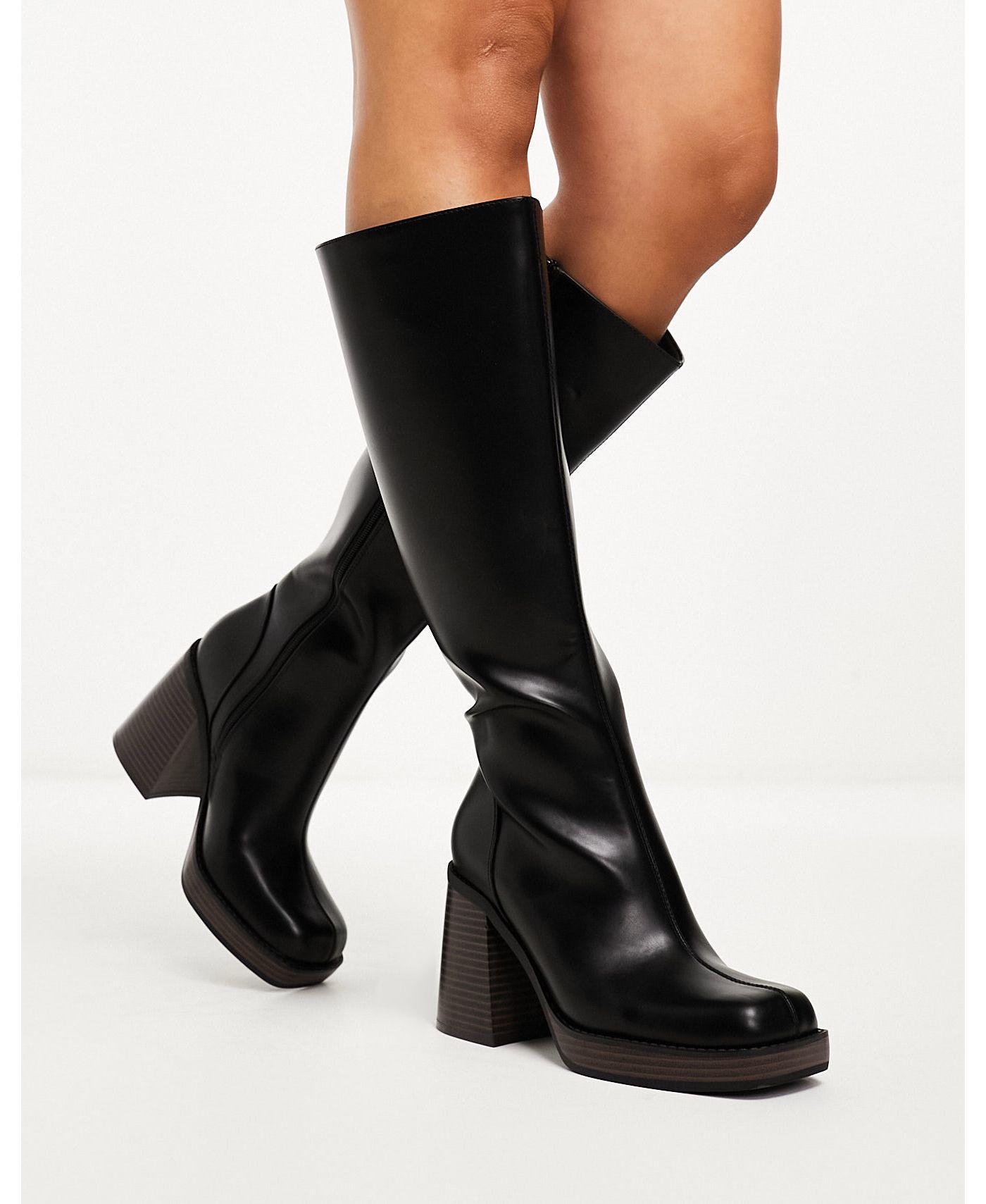 ASOS DESIGN Wide Fit Caesar stack heel knee boots in black