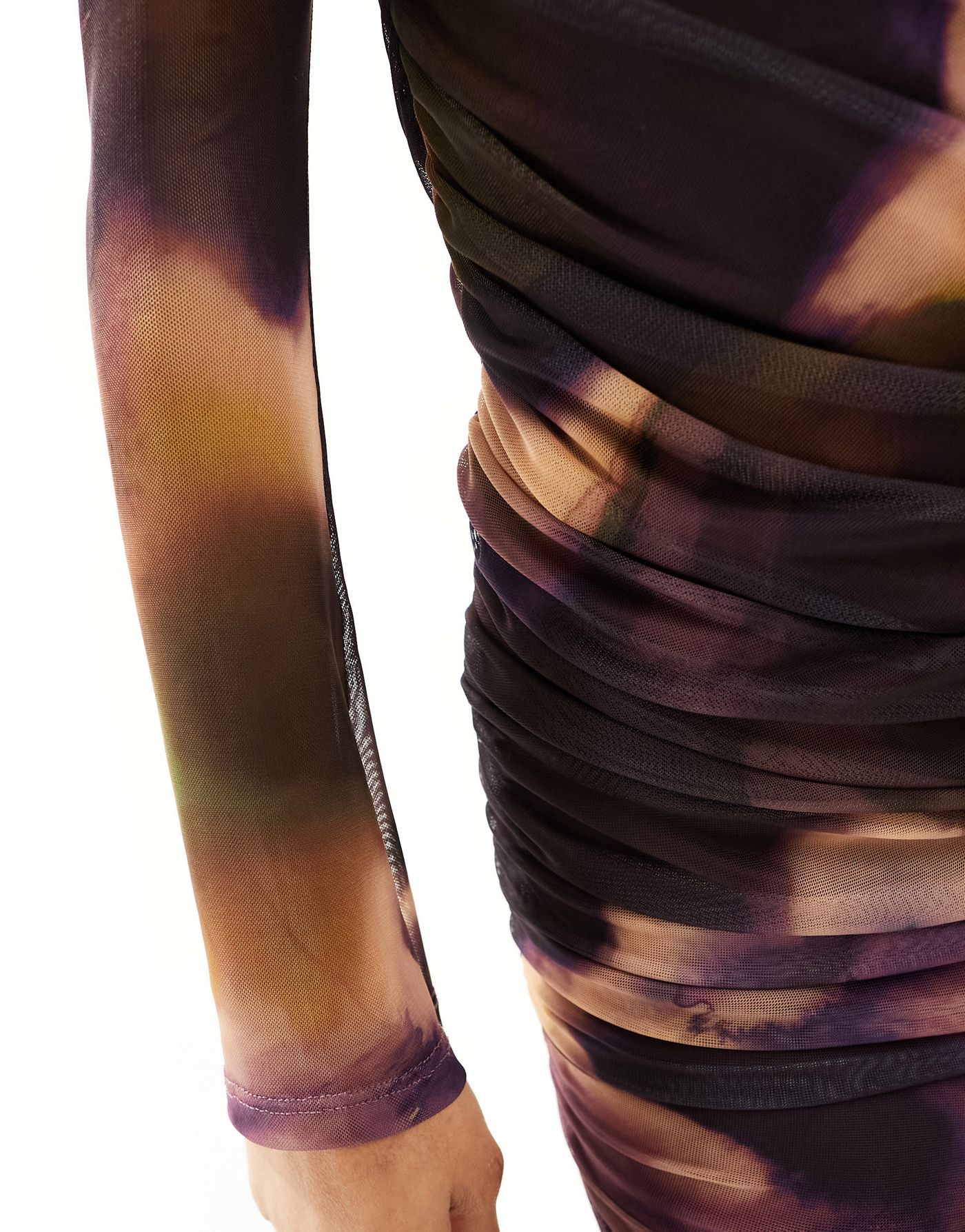 ASOS DESIGN mesh asymmetric cut out midi dress in purple marble print