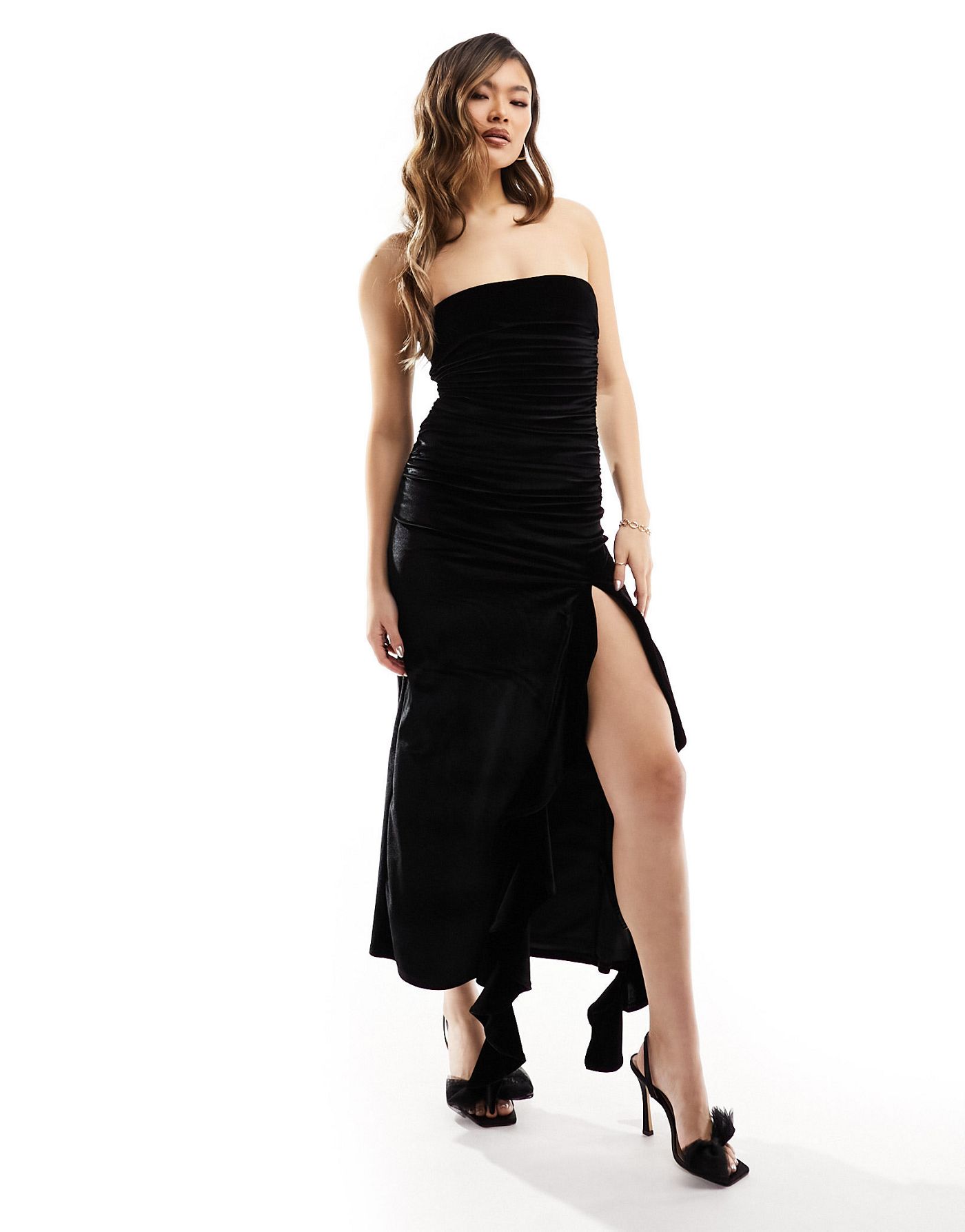 ASOS DESIGN velvet bandeau ruffle maxi dress in black