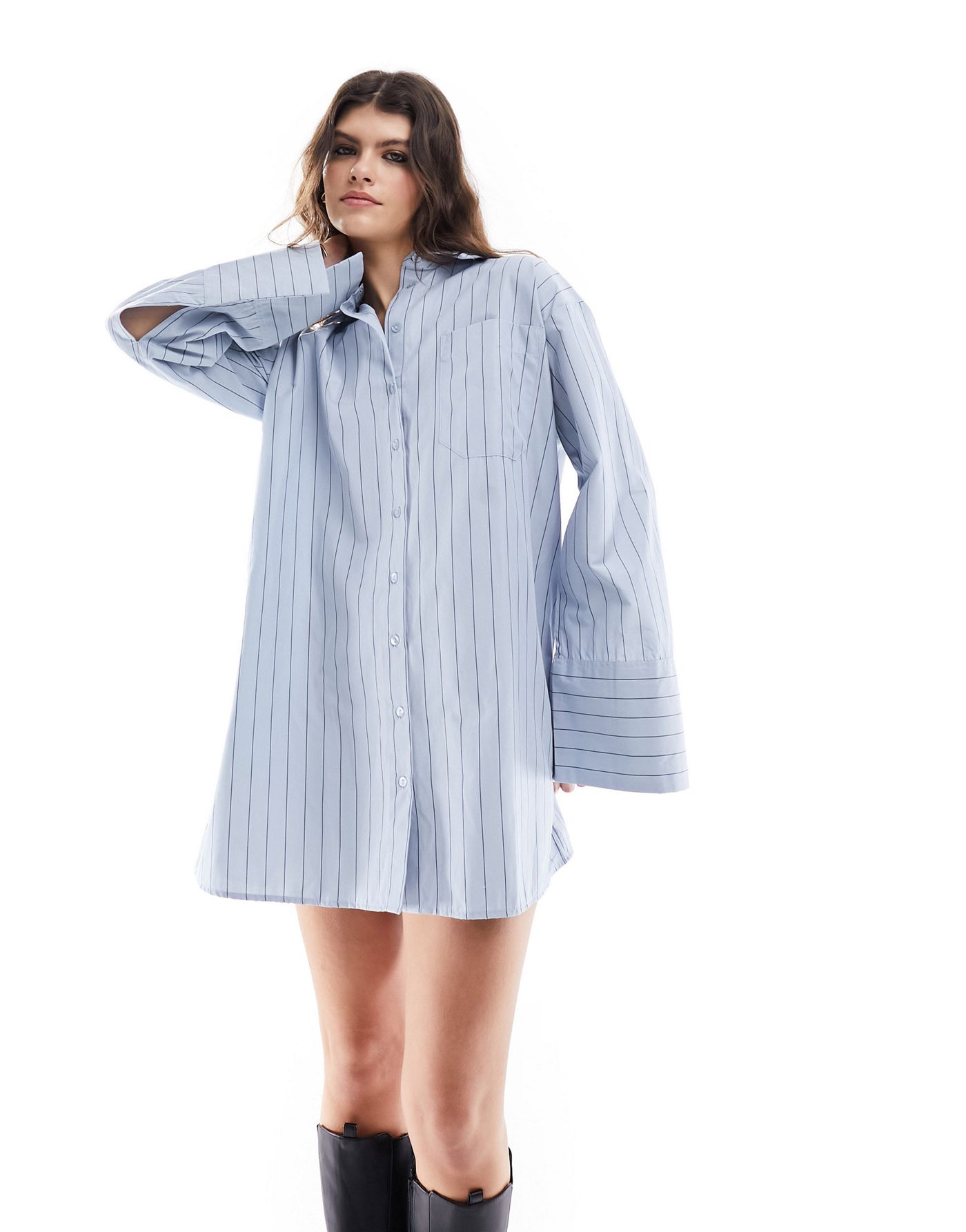 ASOS DESIGN oversized shirt dress with cape sleeve in blue stripe