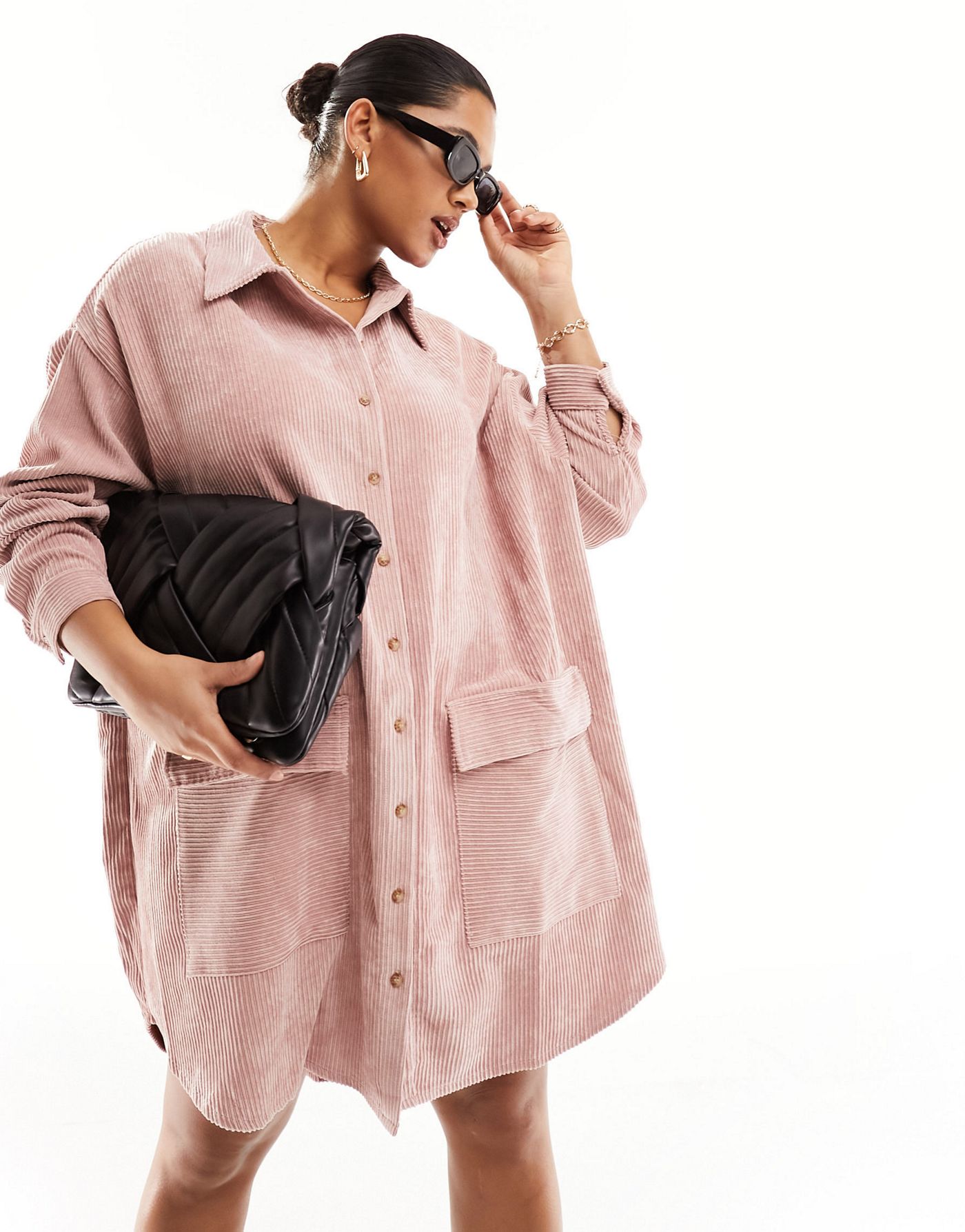 ASOS DESIGN Curve oversized slouchy cord mini shirt dress with pocket detail in pink