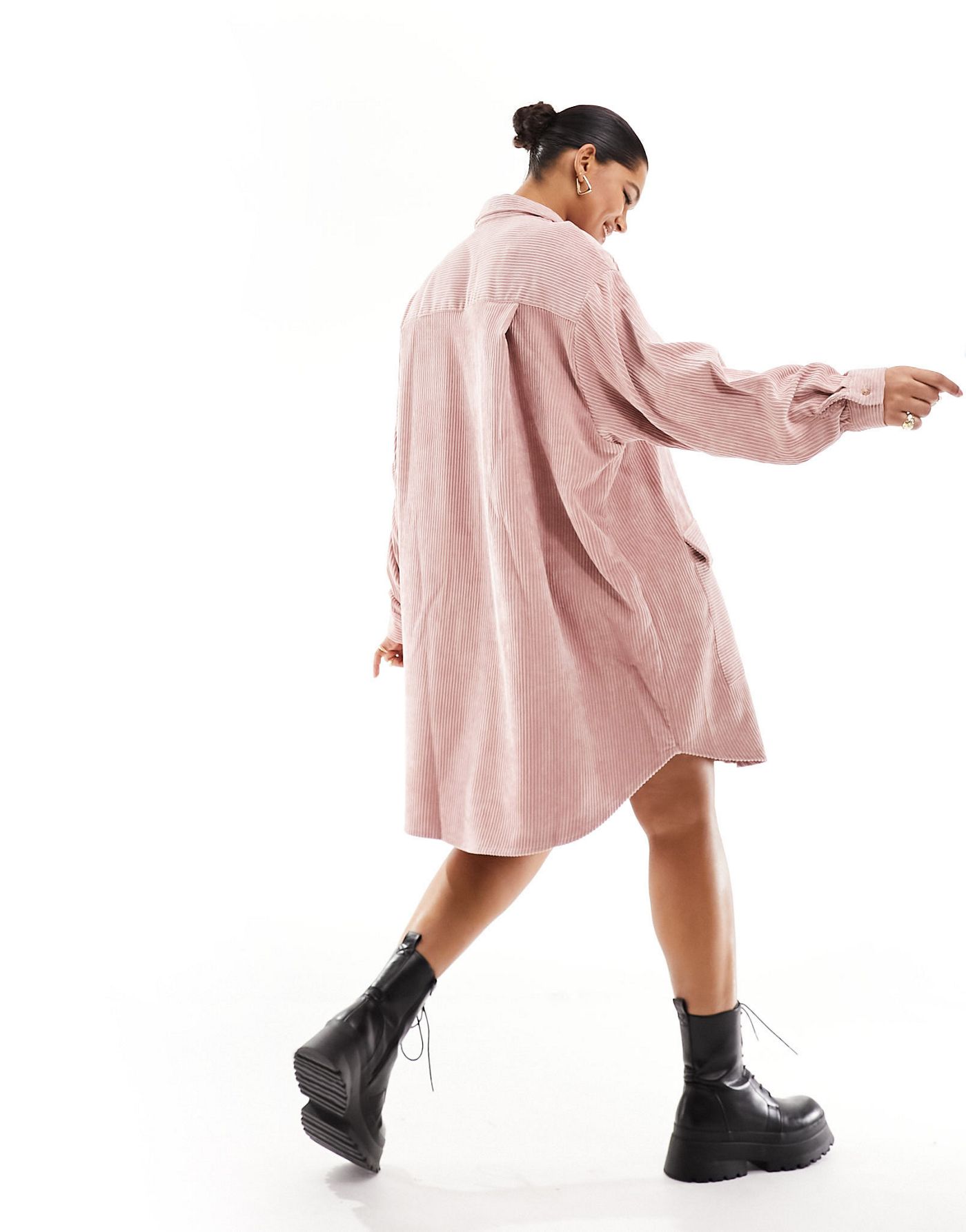 ASOS DESIGN Curve oversized slouchy cord mini shirt dress with pocket detail in pink