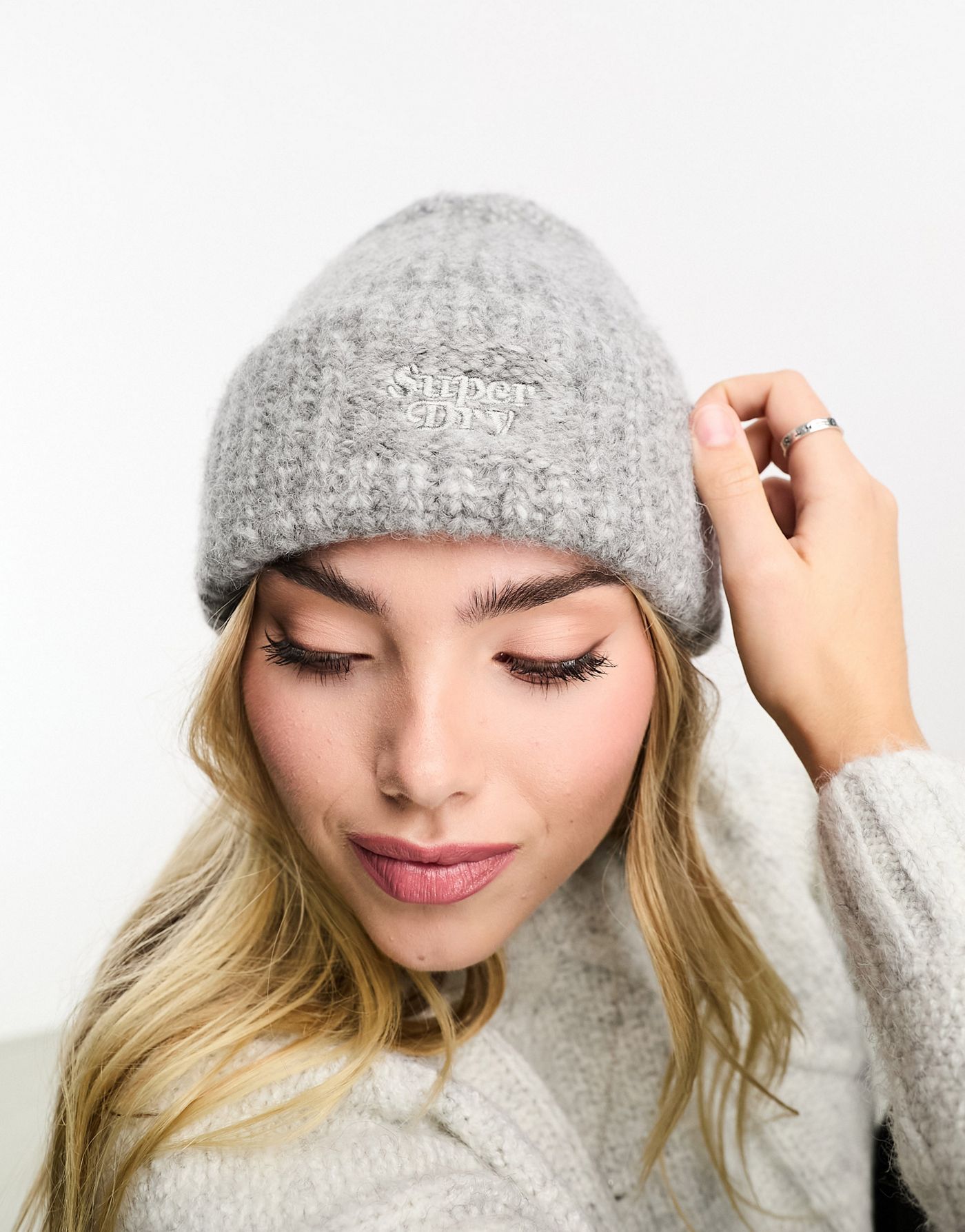 Superdry rib knit beanie hat in Grey Marl