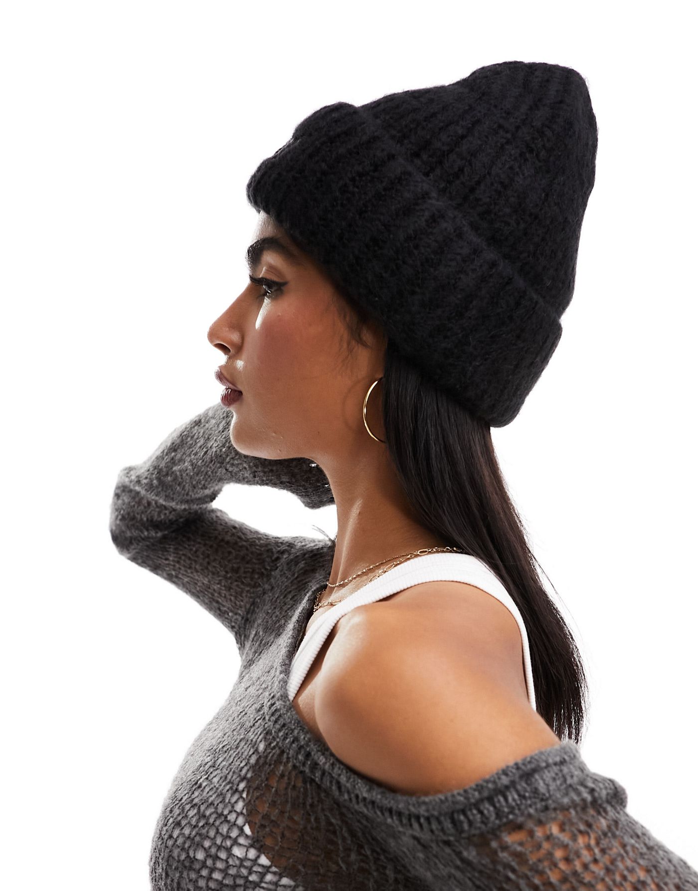 Superdry rib knit beanie hat in Black