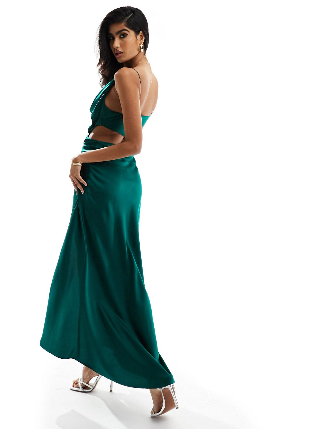 ASOS DESIGN satin cowl midaxi dress with cut out waist and graduated hem in dark green