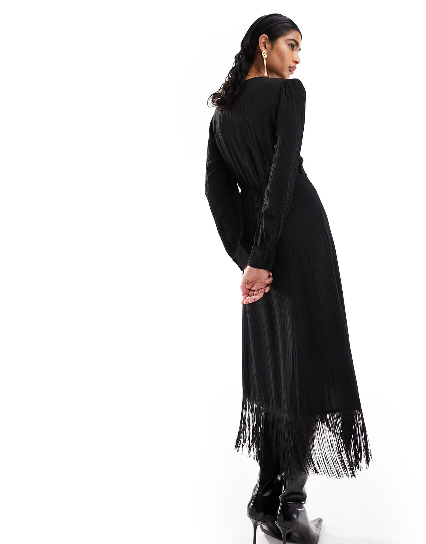 Y.A.S tassel wrap midi dress in black jacquard