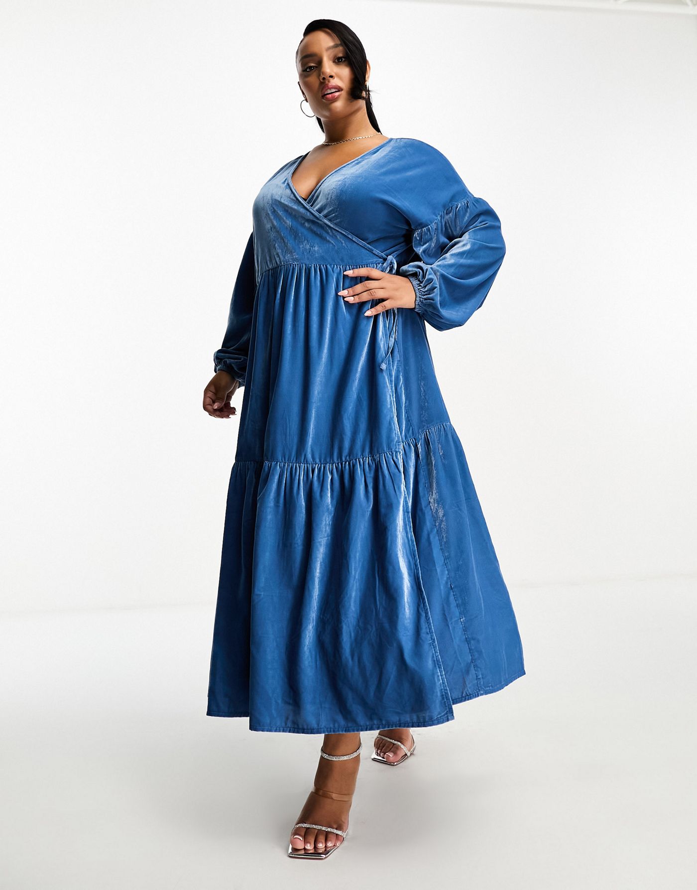 ASOS DESIGN Curve midi wrap velvet dress in blue