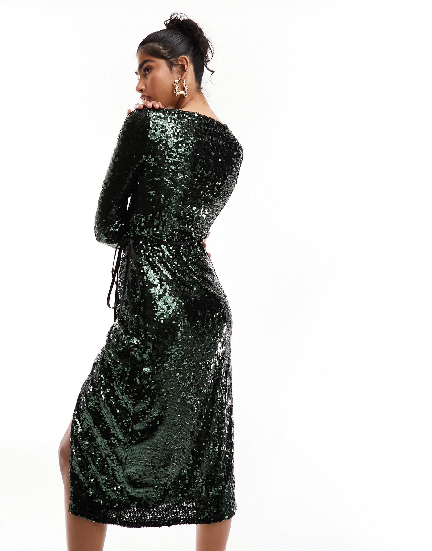 Superdry sequin wrap maxi dress in Forest Green Sequin