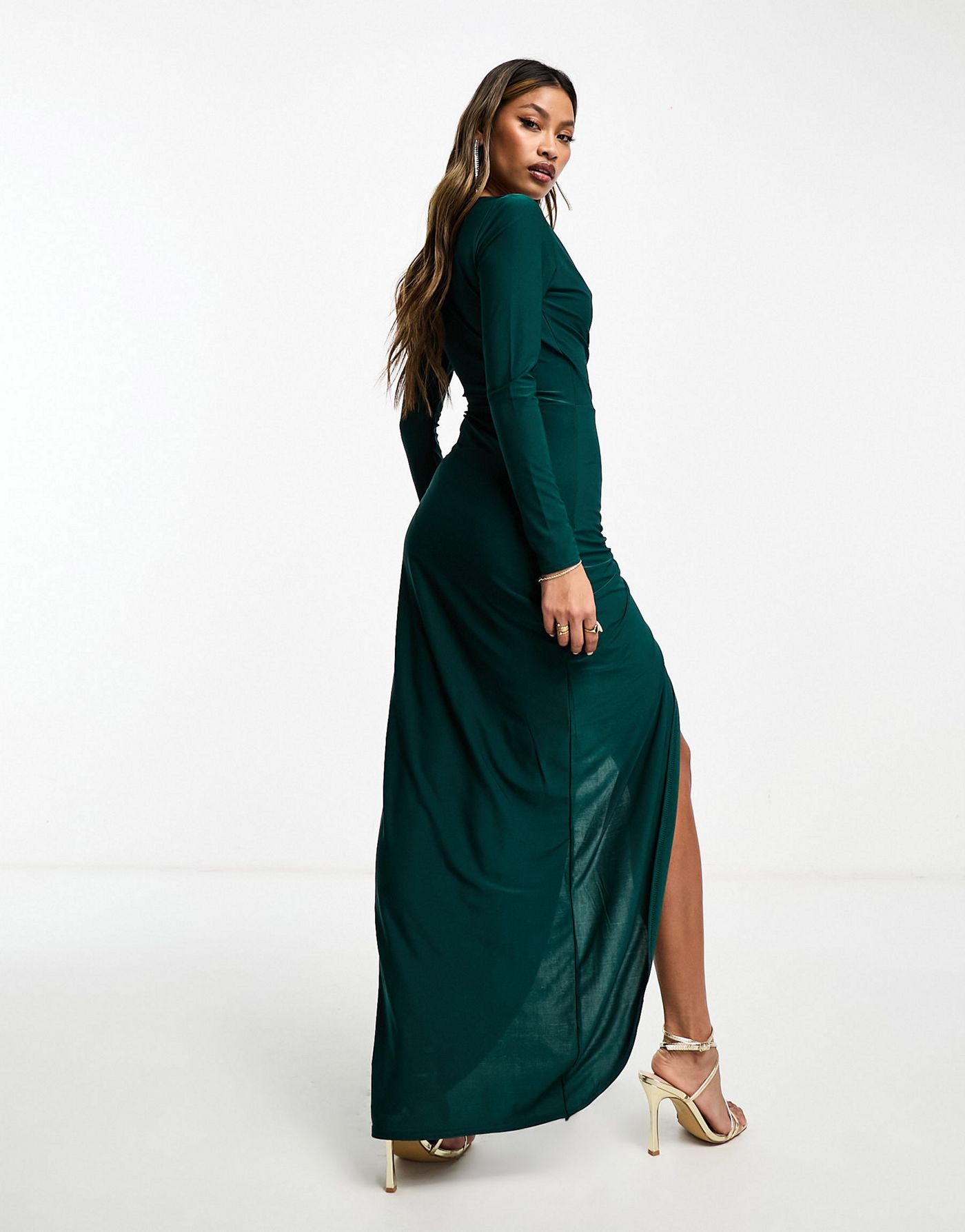 AX Paris slinky long sleeve wrap maxi dress in emerald green