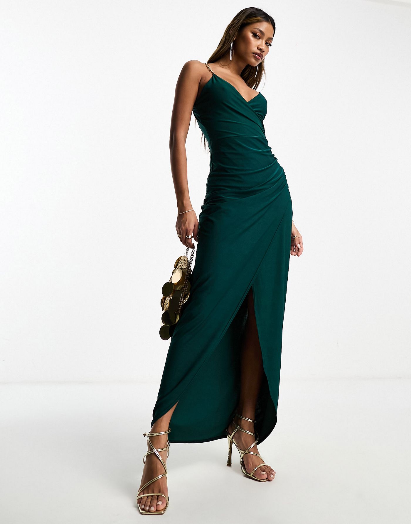 AX Paris chain strap detail wrap maxi dress in emerald green