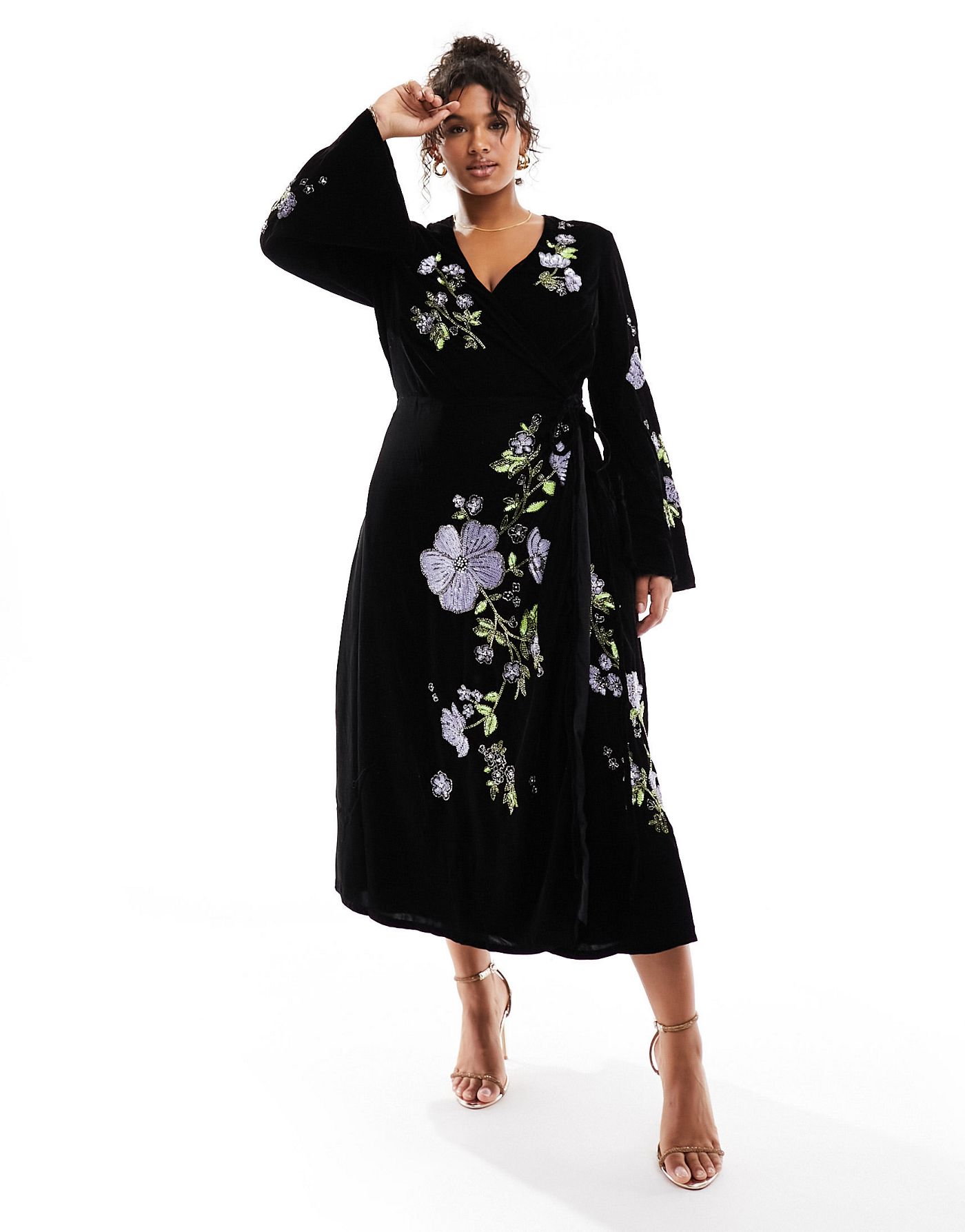 ASOS DESIGN Curve velvet wrap midi dress with floral embellished detail in black