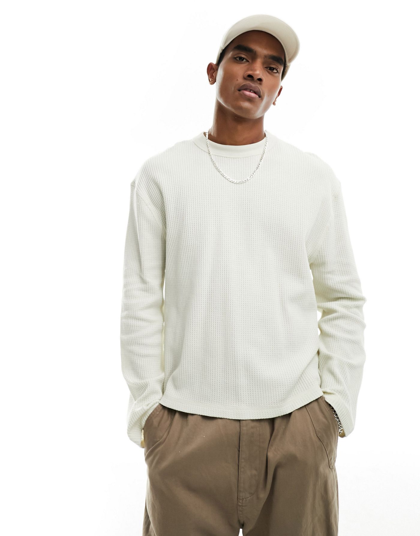 ASOS DESIGN long sleeved relaxed fit t-shirt in stone waffle