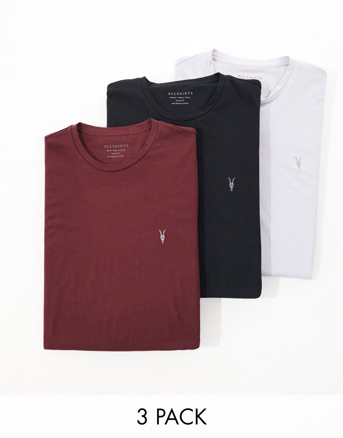 AllSaints Tonic 3 pack crew t-shirts in red, grey and black