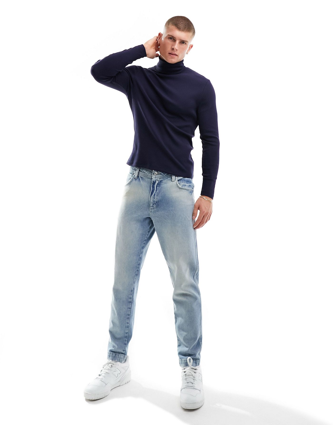 ASOS DESIGN long sleeve muscle fit rib t-shirt with roll neck in navy