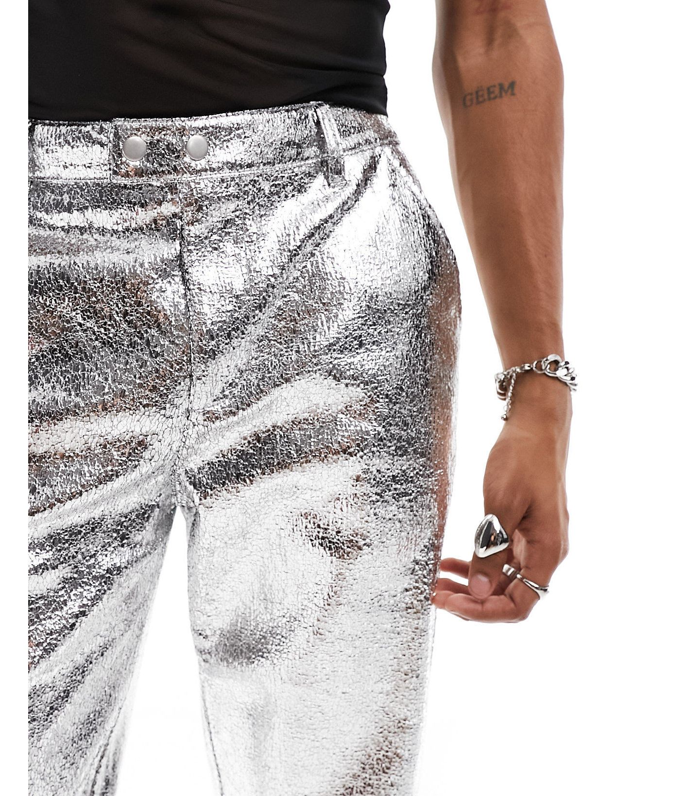 ASOS DESIGN co-ord straight leather look trouser in metallic silver