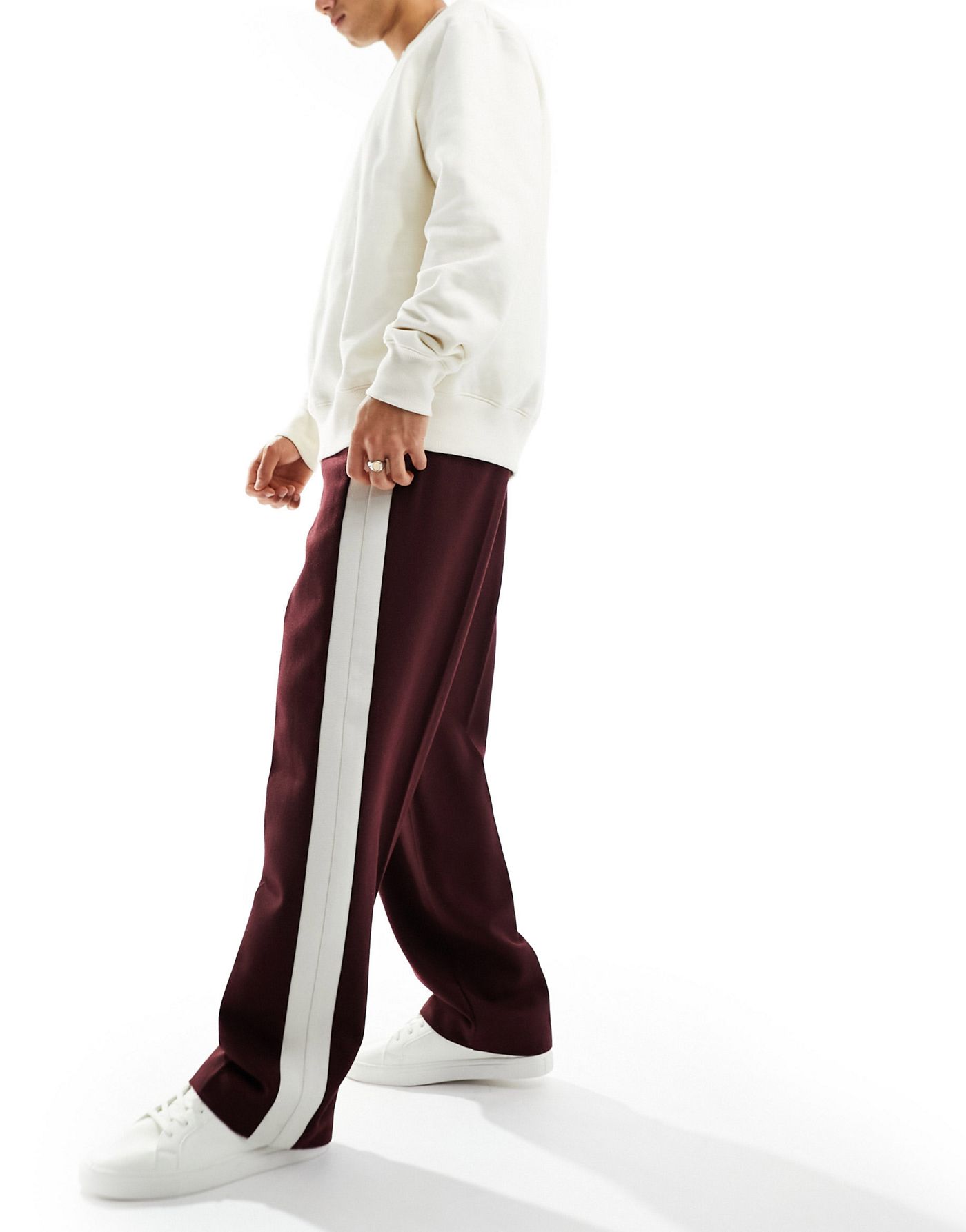 ASOS DESIGN smart wide wool mix leg trousers with side stripe in burgundy twill