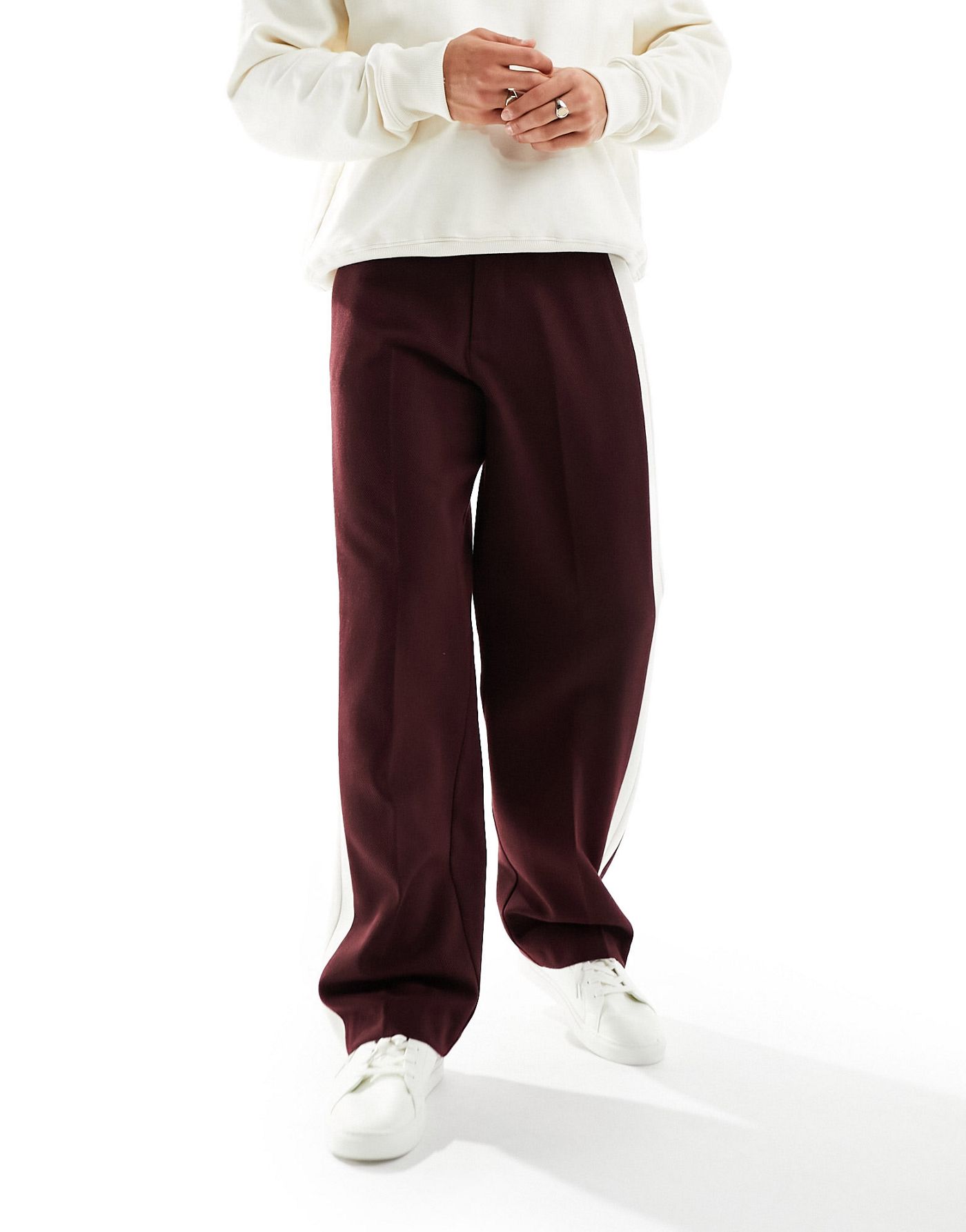 ASOS DESIGN smart wide wool mix leg trousers with side stripe in burgundy twill
