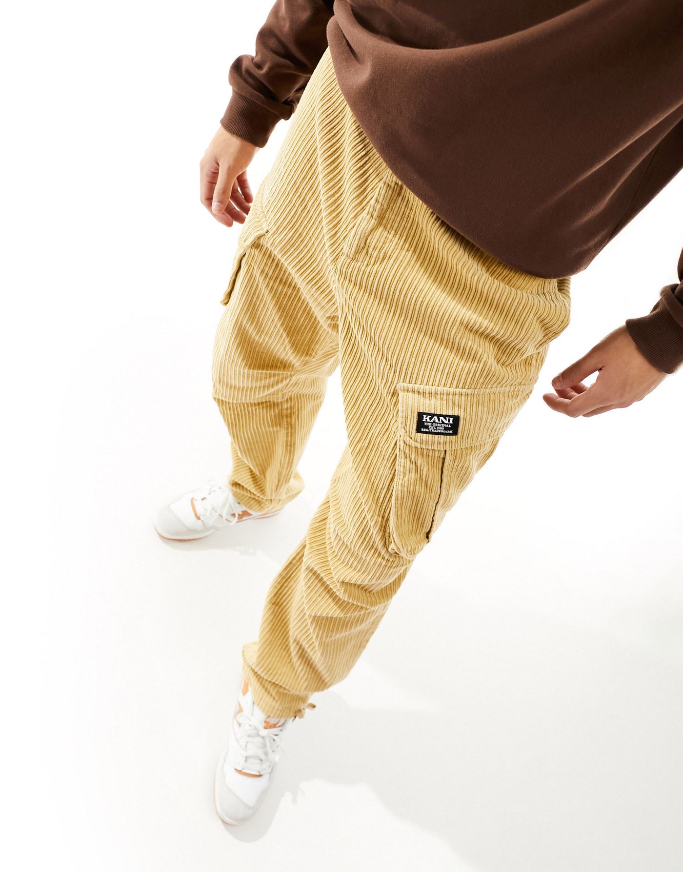 Karl Kani straight leg cord cargo trousers in beige with logo print