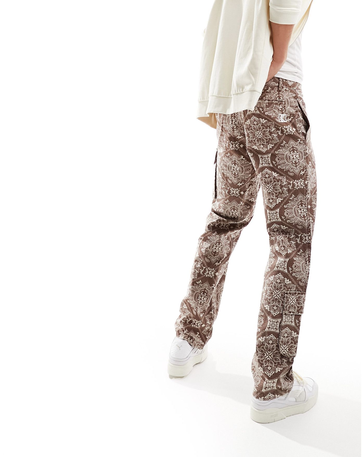 Karl Kani signature straight leg cargo trousers in brown paisley ripstop