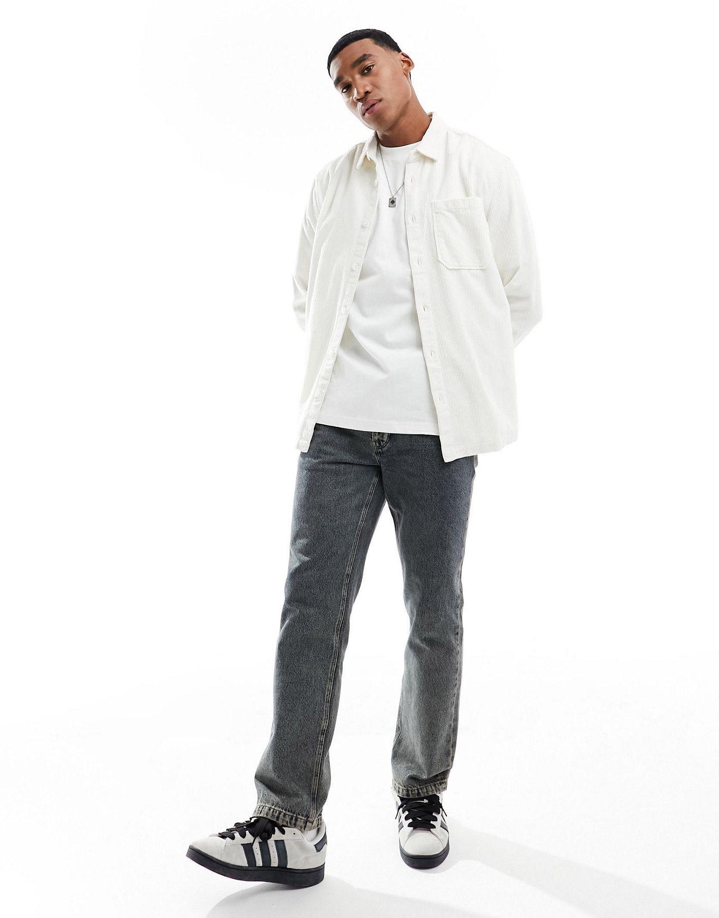 River Island concealed button cord shirt in white