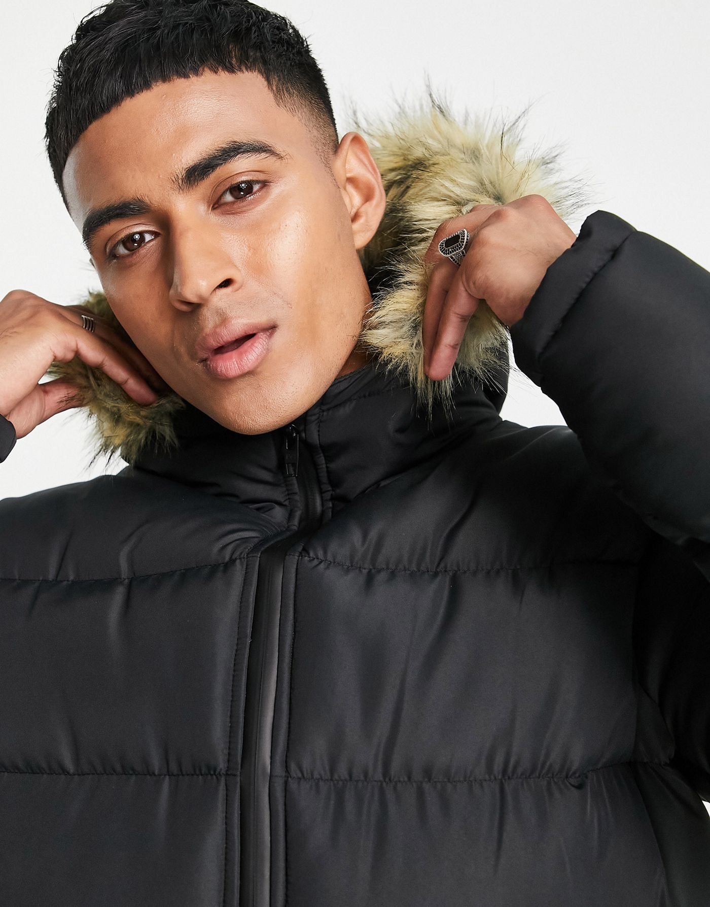 French Connection padded parka jacket with faux fur hood in black