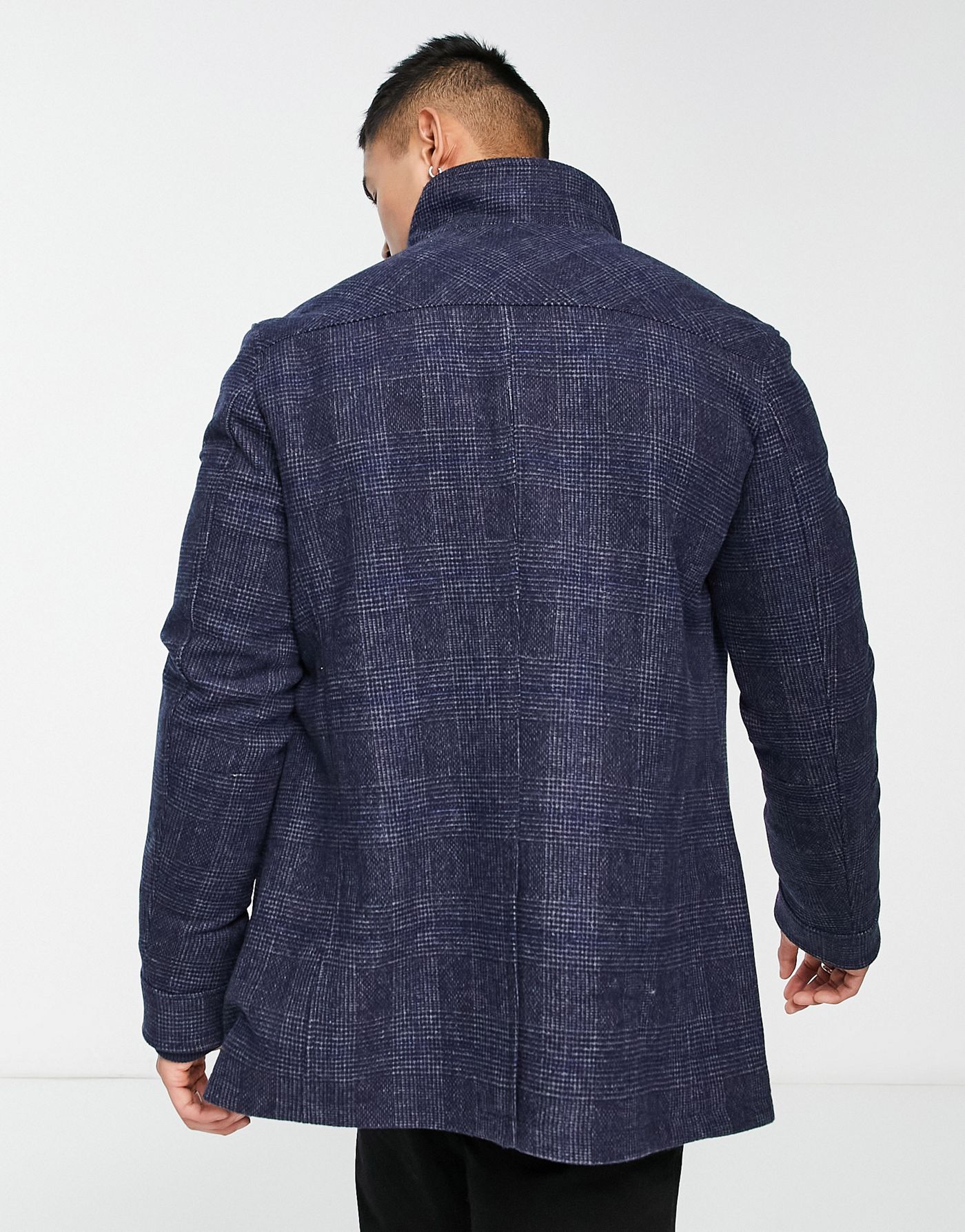 French Connection double breasted funnel coat in blue check