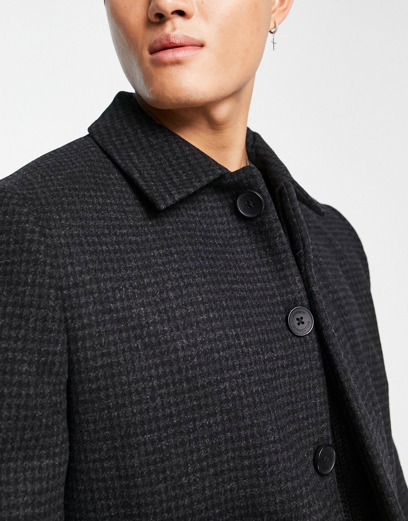 French Connection single breasted collar coat in charcoal houndsooth