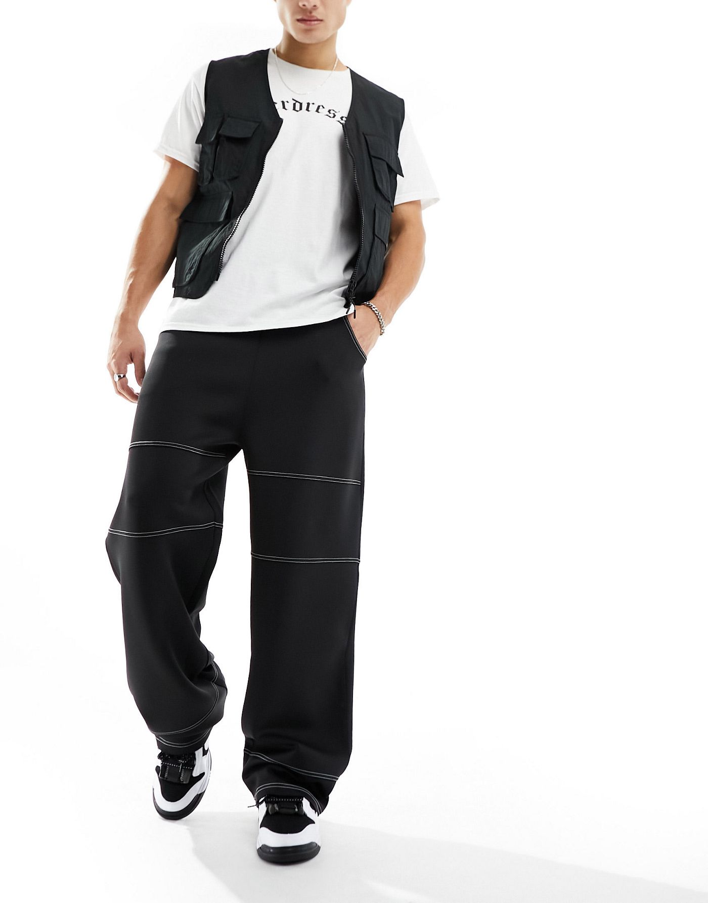 ASOS DESIGN straight scuba joggers in black with contrast stitch