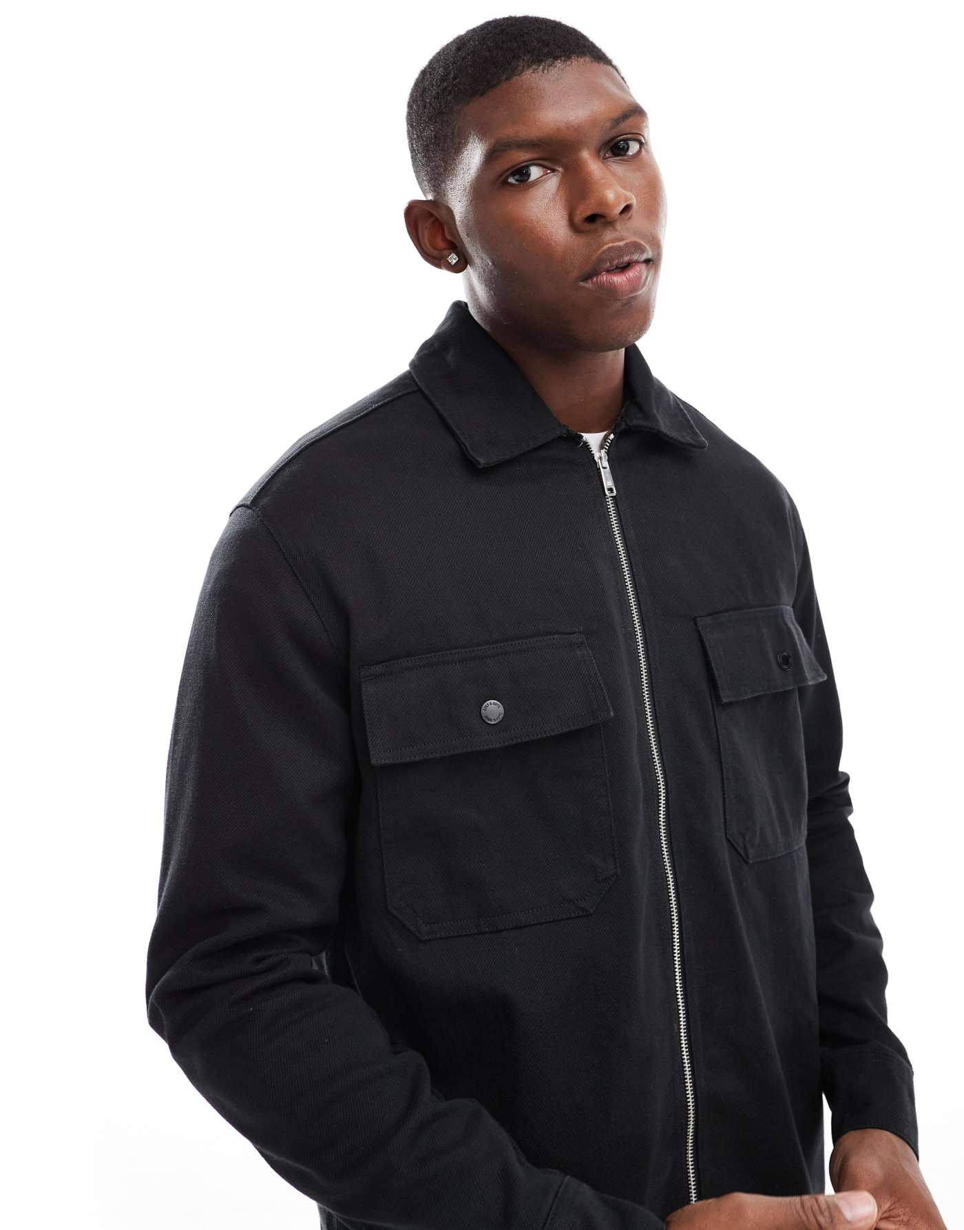 ONLY & SONS zip through heavy twill overshirt in black