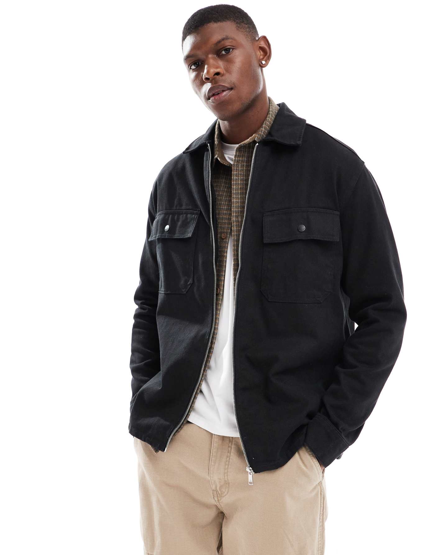 ONLY & SONS zip through heavy twill overshirt in black