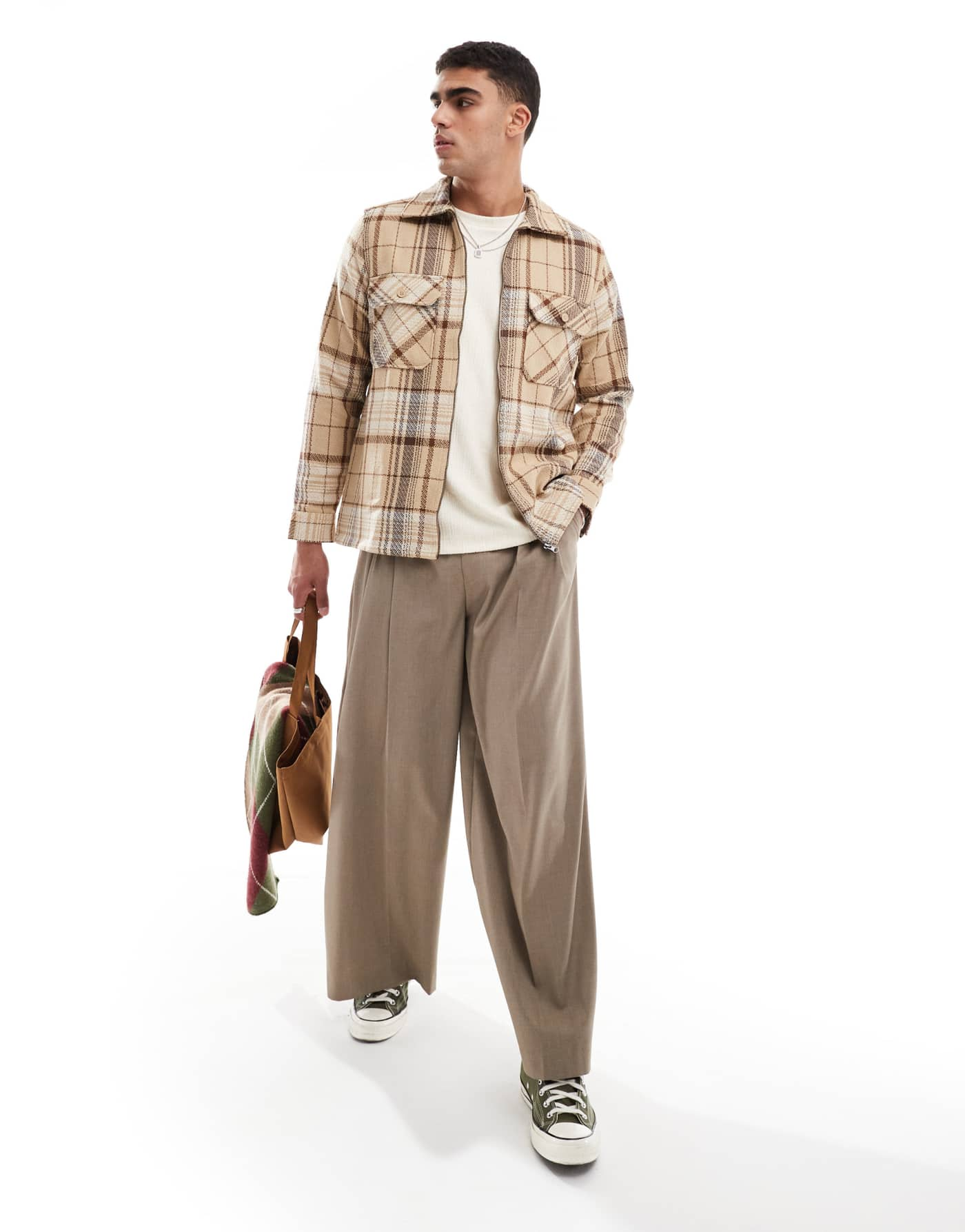 ONLY & SONS zip through faux wool shaket in beige check