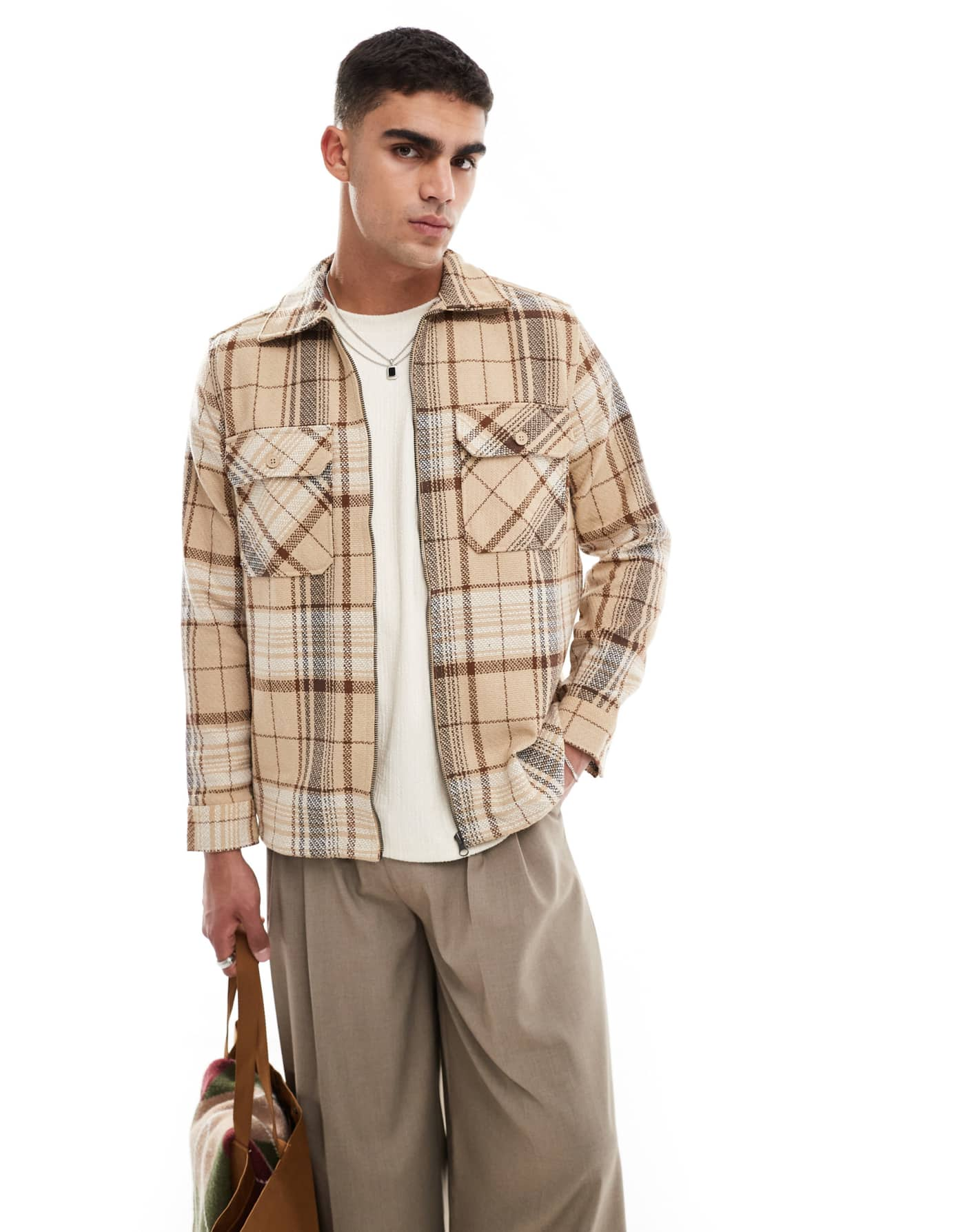 ONLY & SONS zip through faux wool shaket in beige check