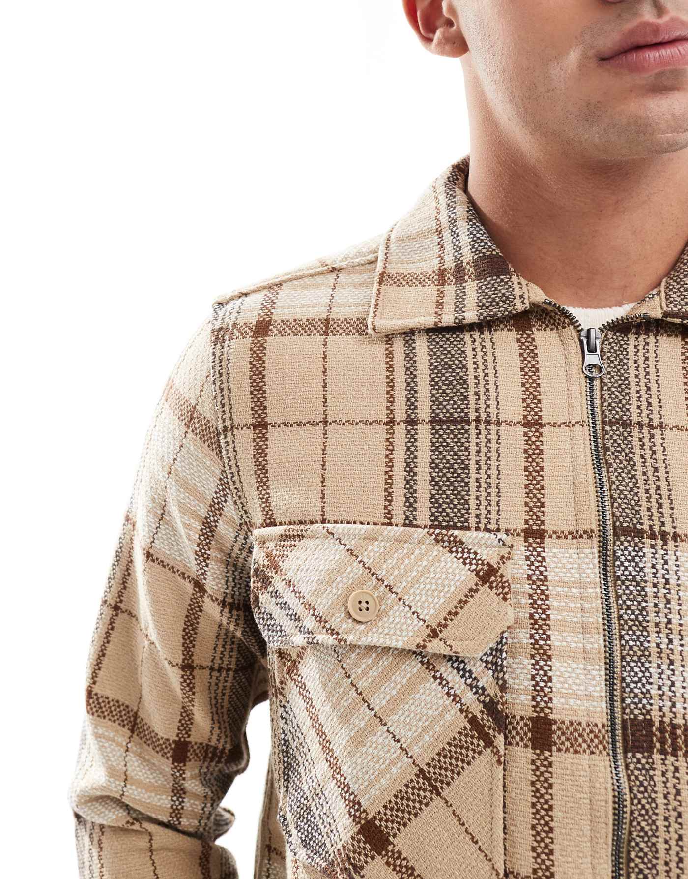 ONLY & SONS zip through faux wool shaket in beige check