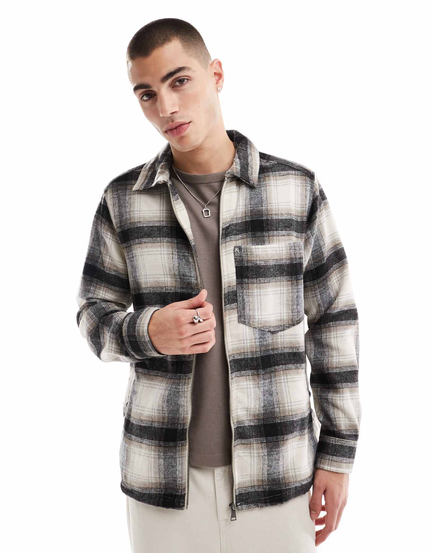 ONLY & SONS zip through faux wool overshirt in white and black check