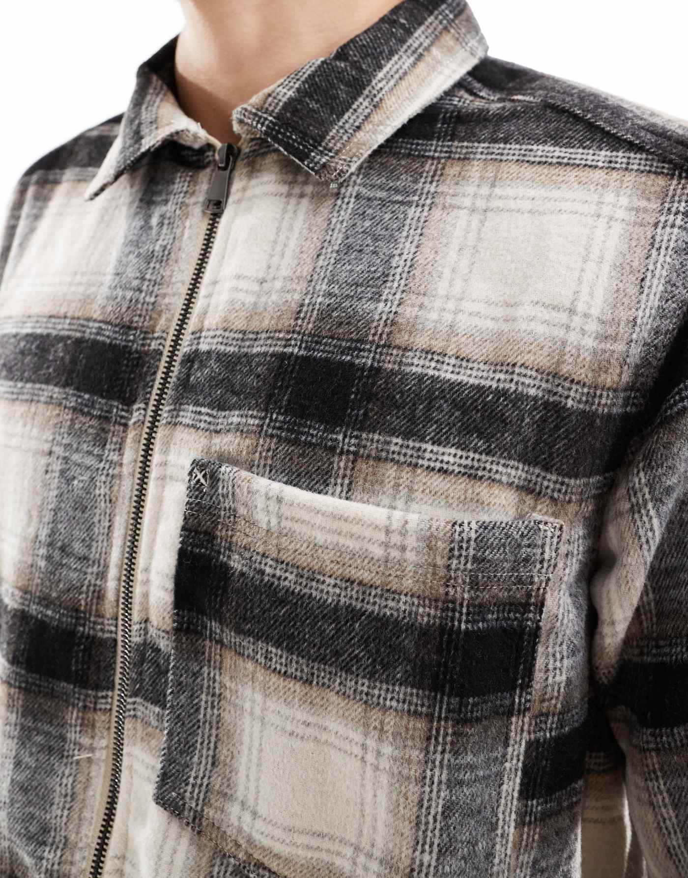 ONLY & SONS zip through faux wool overshirt in white and black check