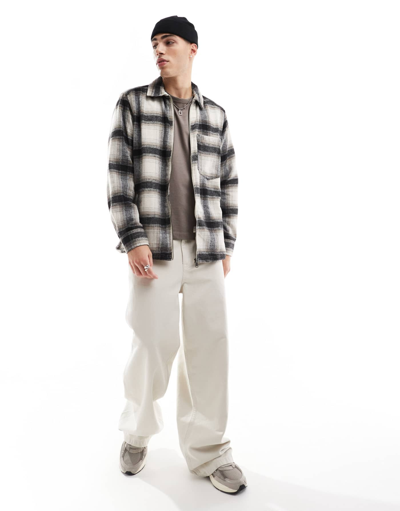 ONLY & SONS zip through faux wool overshirt in white and black check