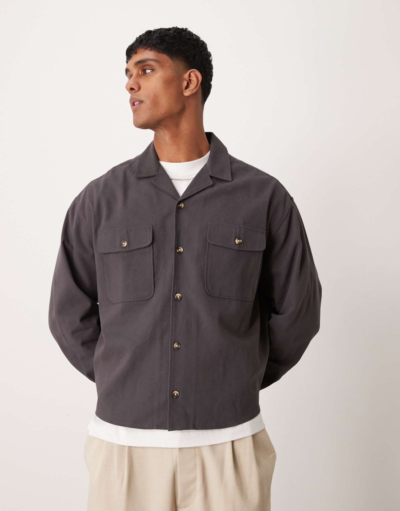 ASOS DESIGN boxy overshirt with revere collar in dark grey