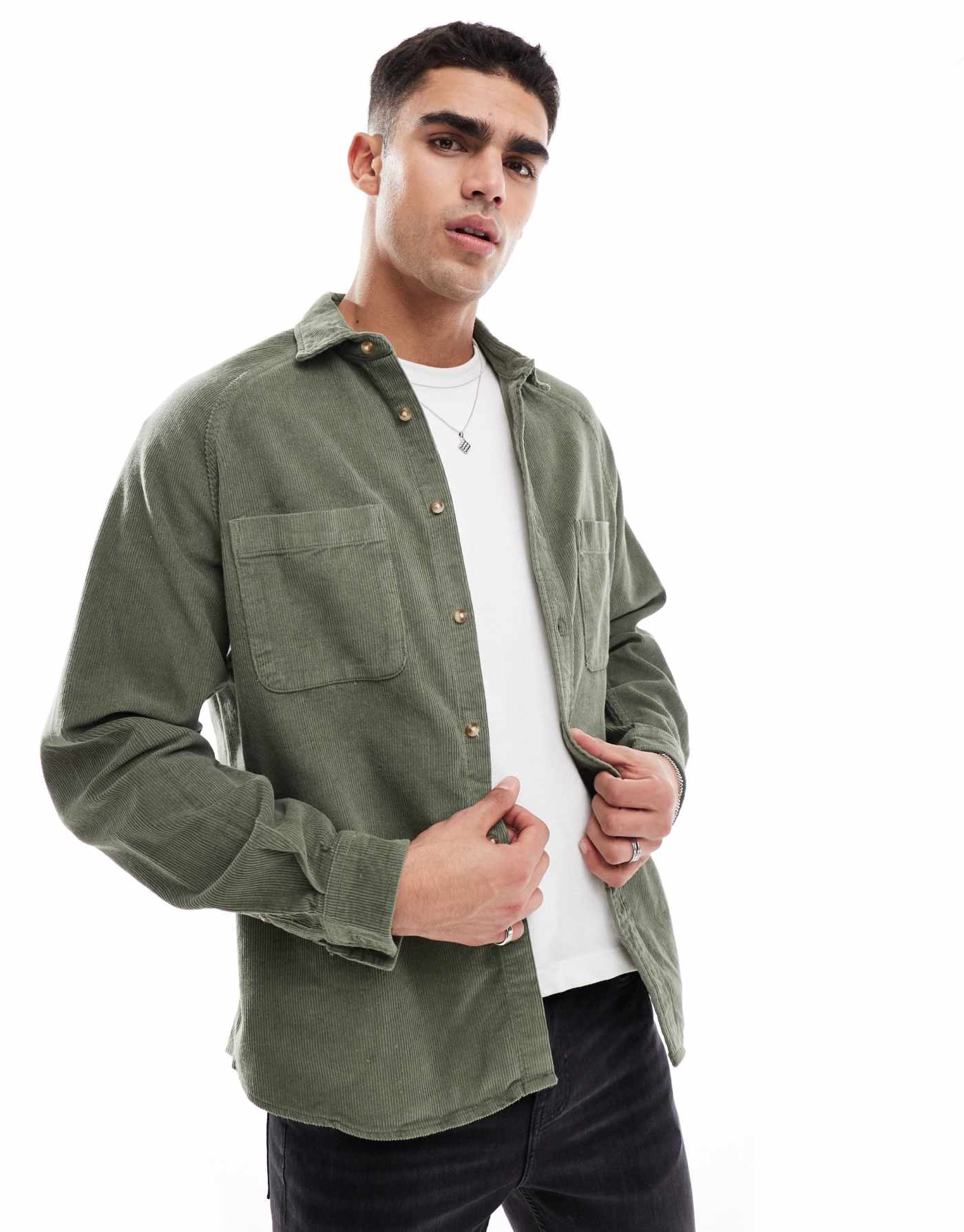 ASOS DESIGN 90's oversized cord shirt with square collar in khaki