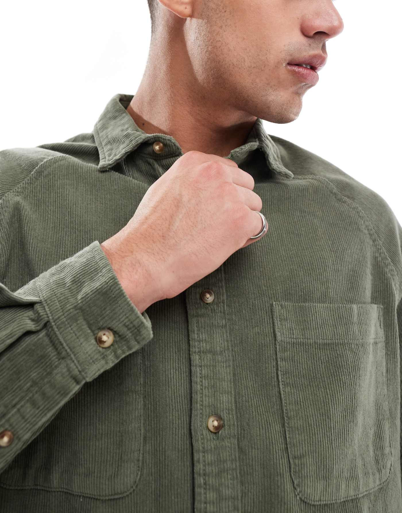 ASOS DESIGN 90's oversized cord shirt with square collar in khaki