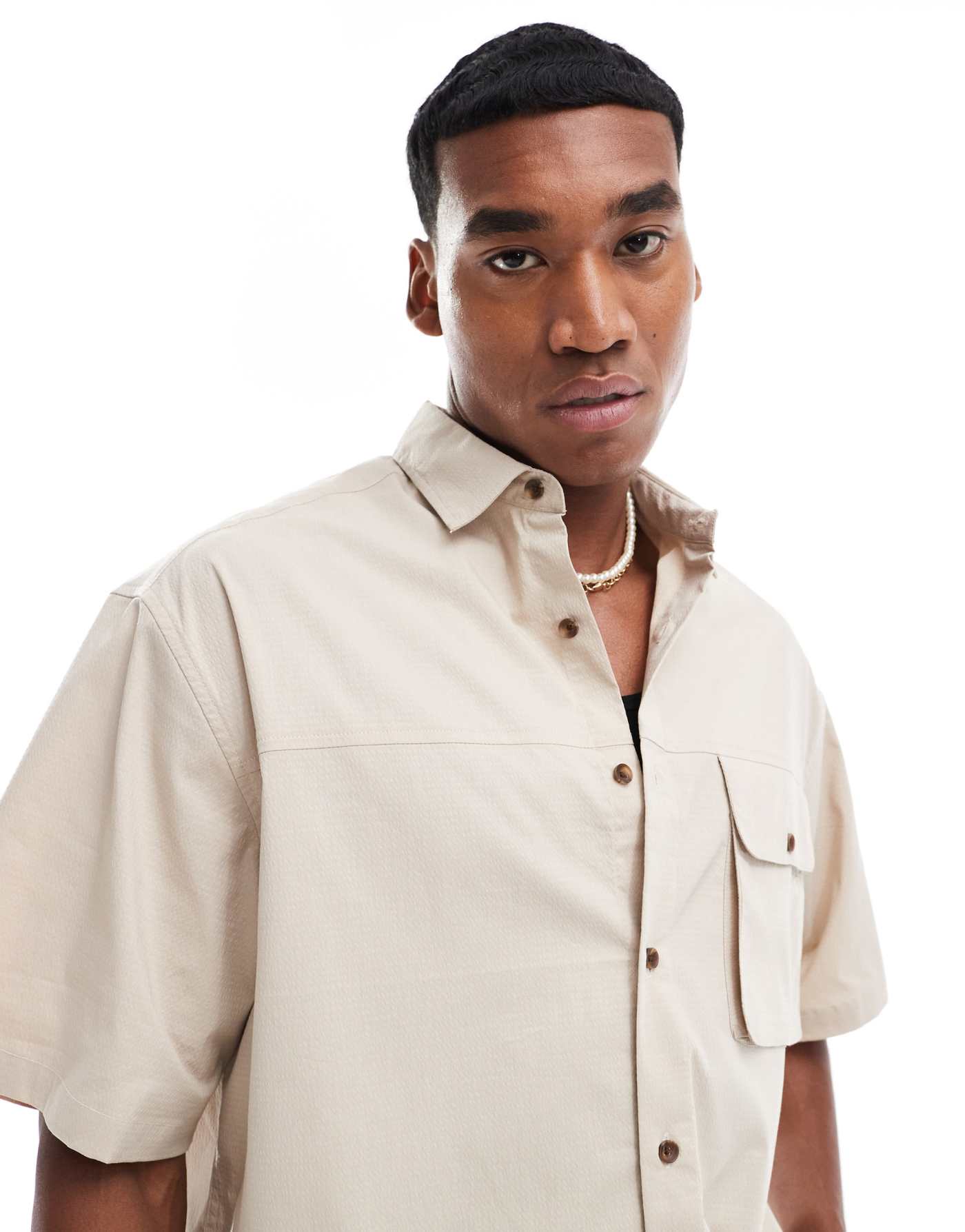 ASOS DESIGN shirt with cargo pockets in stone